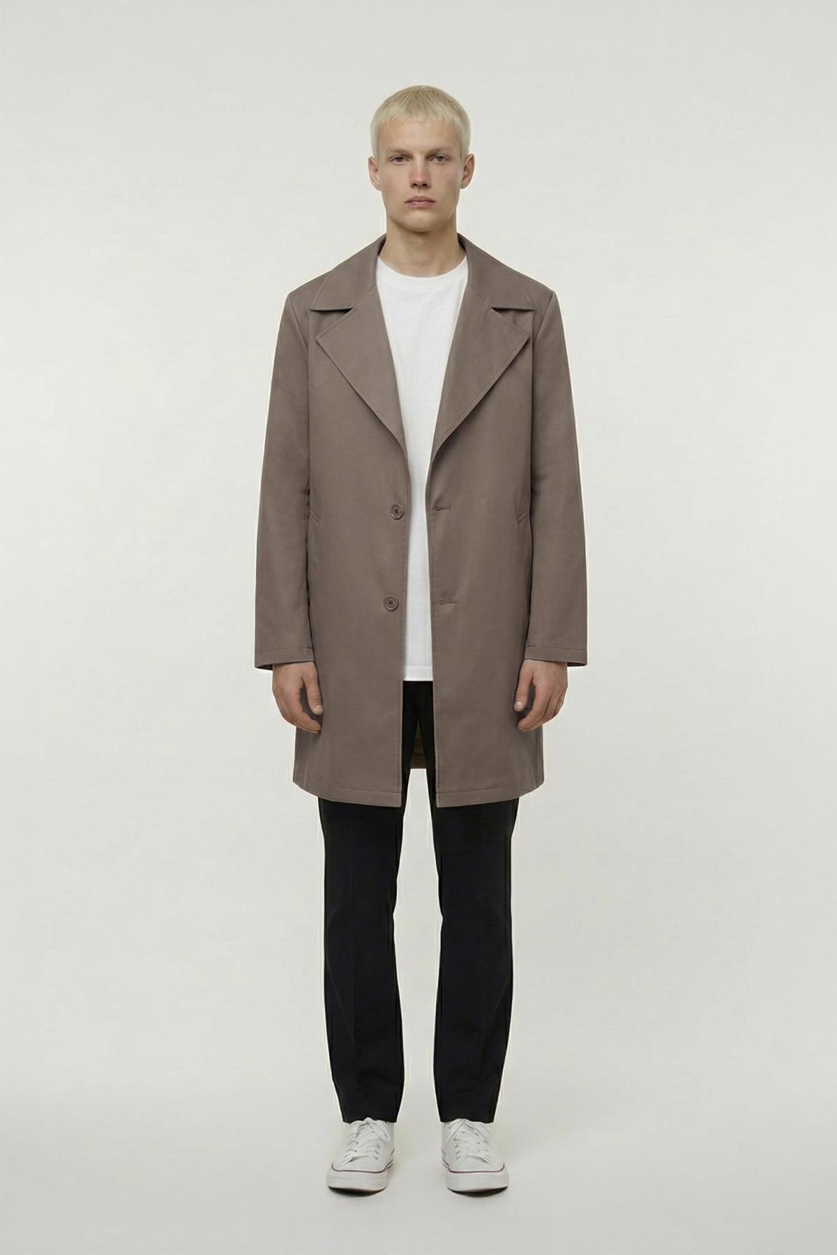 Sabri Özel  Kahve Oversize Fit Pamuklu Mono Yaka Yan Cepli Orta Boy Erkek Trençkot - Görsel 2