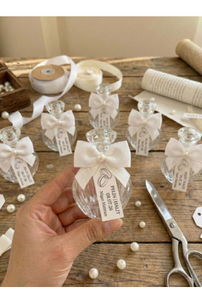 CUTORYA Özel İncili ve Fiyonklu Kolonya Şişesi-(10 adet -Plastik Şişe)