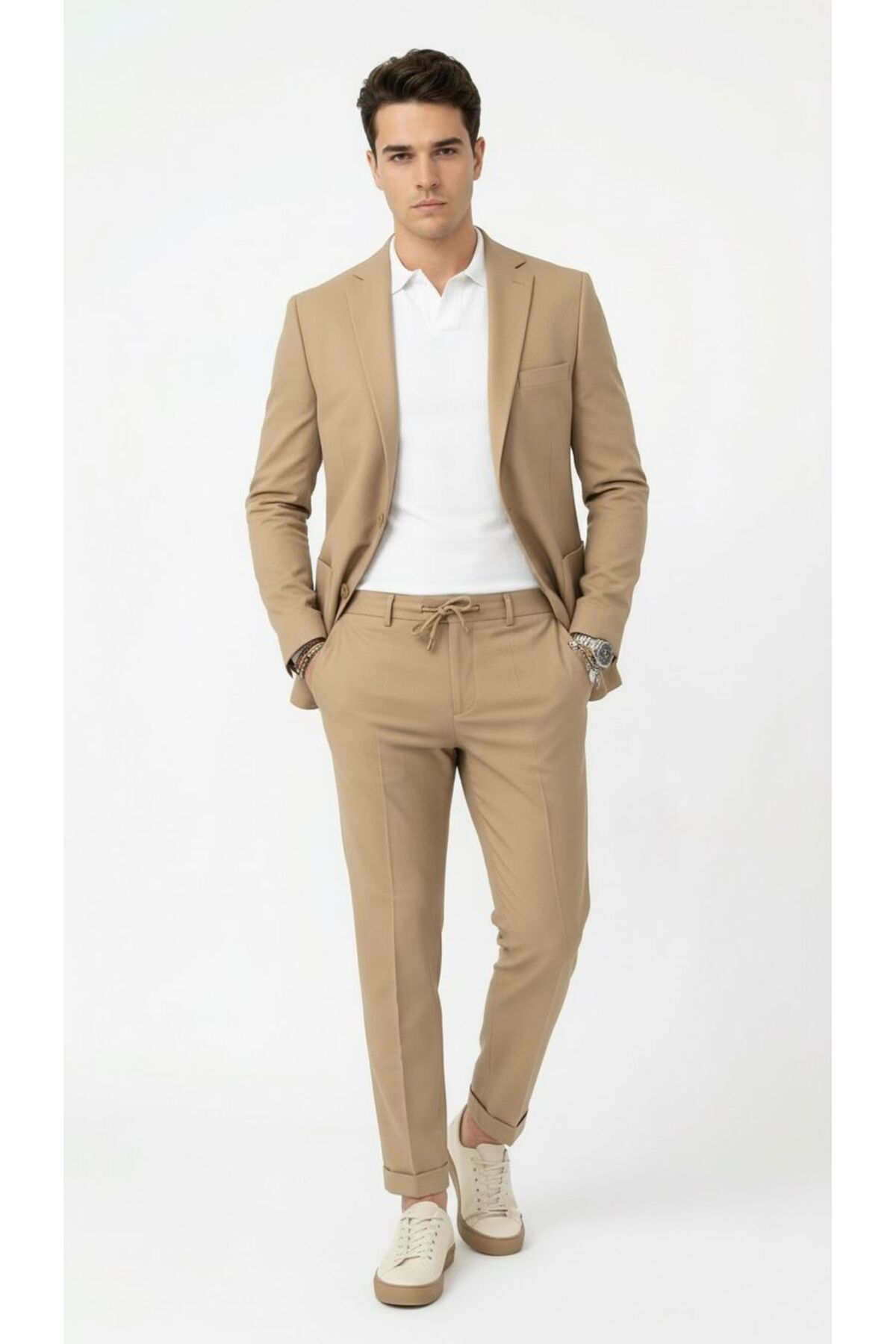 Pike Kumaş Jogger Pantolonlu Erkek Takım Elbise – Torba Cepli Tek Düğme Slim Fit Kombin — بژ TR-58595653521 — تصویر 3 از 8