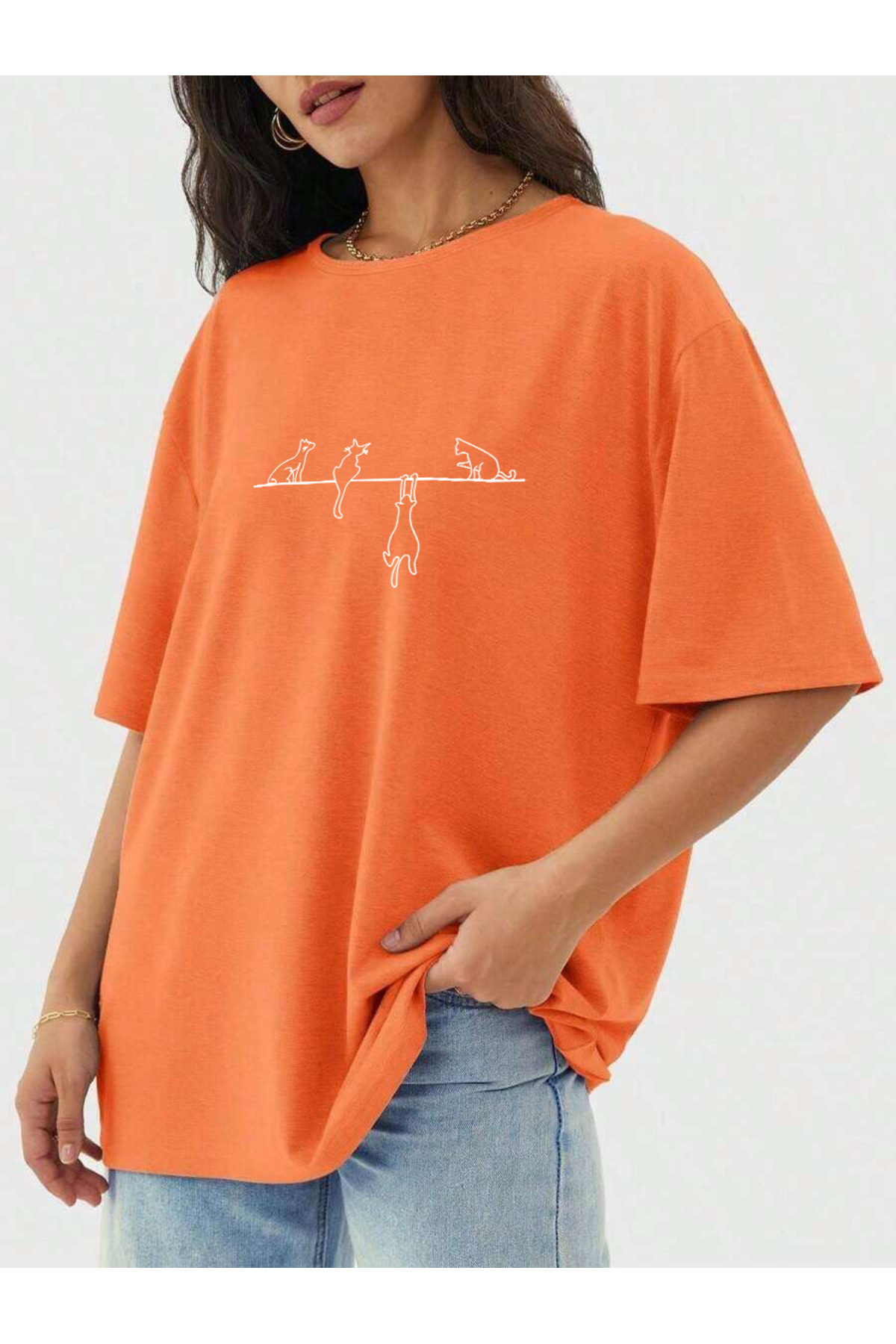 uyguntarz Unisex Kedi Baskılı Oversize Tshirt