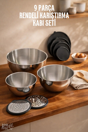 Ginza Maison 9 Parça Çelik Rendeli Karıştırma Kabı Seti – Rende Aparatlı Mutf...