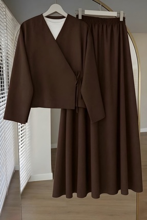 İmajButik Kahverengi Yandan Bağlamalı Dabıl Kimono Etekli Takım