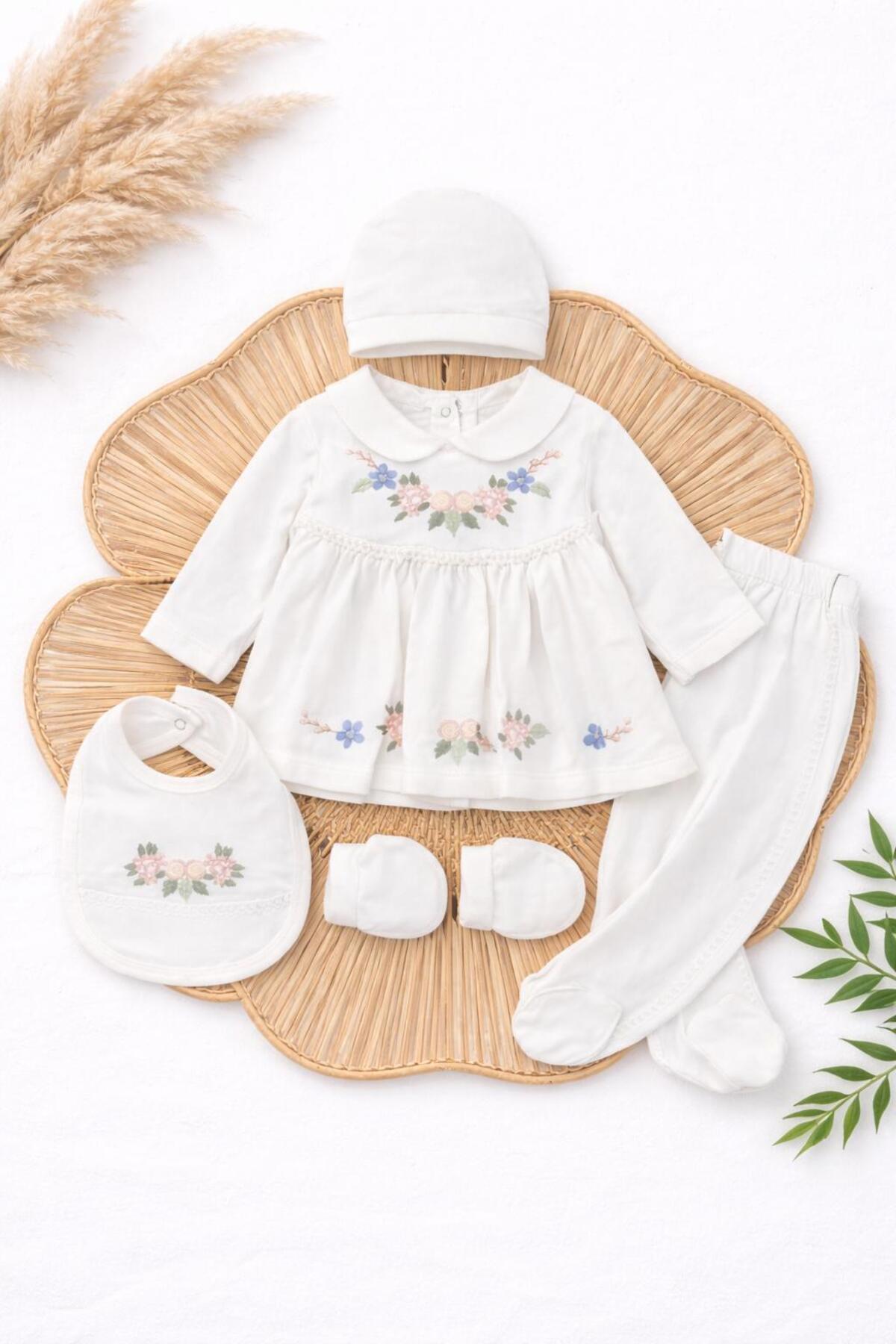 BYS BABY FASHION Mevsimlik Pamuklu Yenidoğan Kız Bebek Hastane Çıkış Zıbın Seti 5'li Kutulu / 0-3 Ay Çiçek Nakışlı fotoğrafı 3 (önizleme)