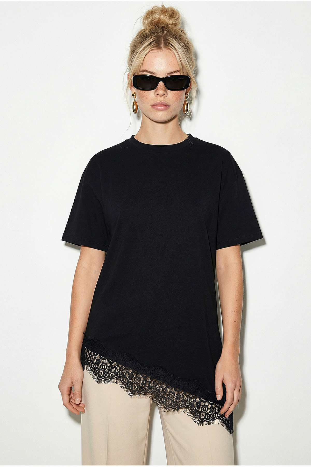 Women's Lace Detailed Asymmetrical Cut Short Sleeve T-Shirt 1078 60286069