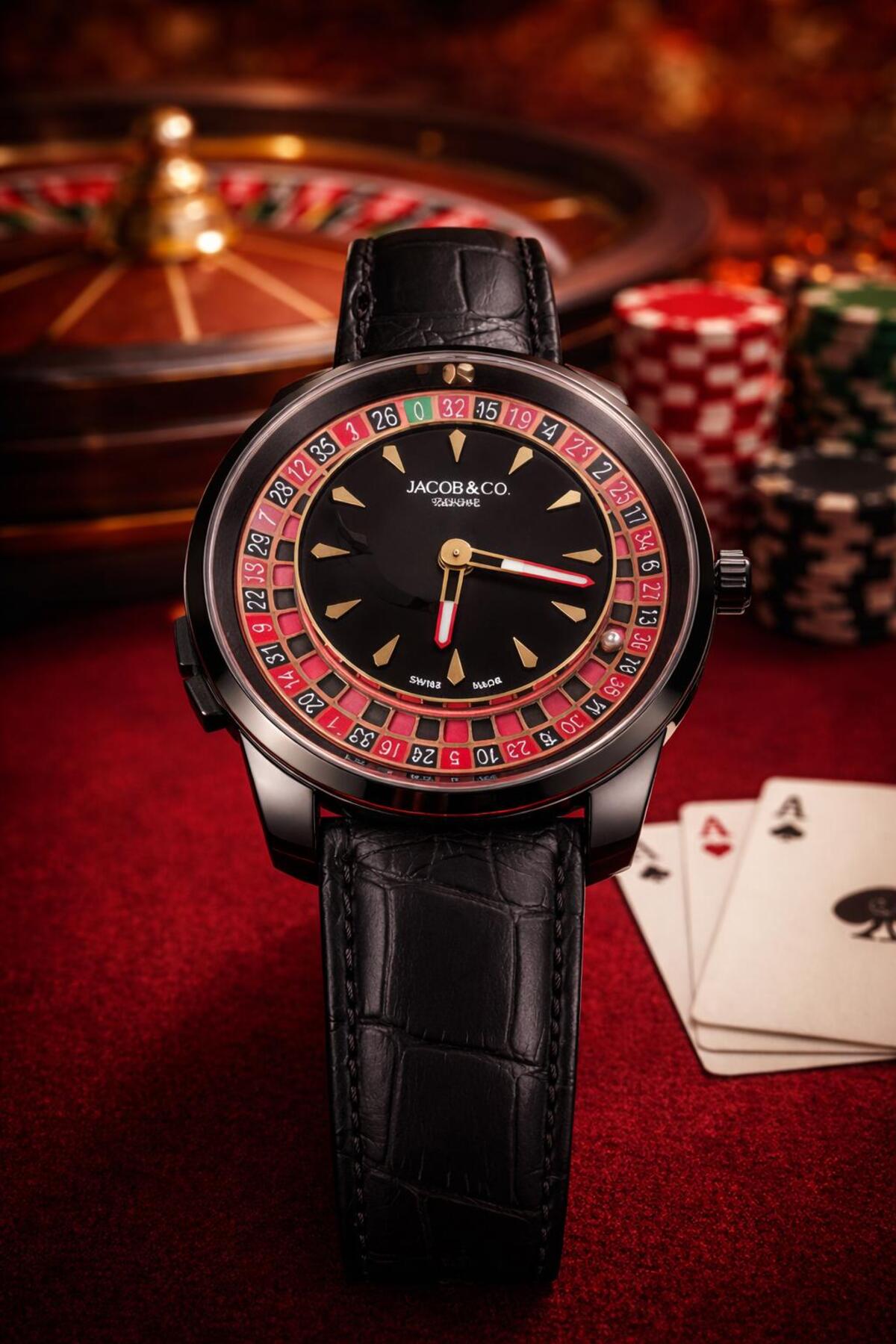 Jacoob Casino Roulette Rotating Leather Wrist Watch (Custom Boxed)