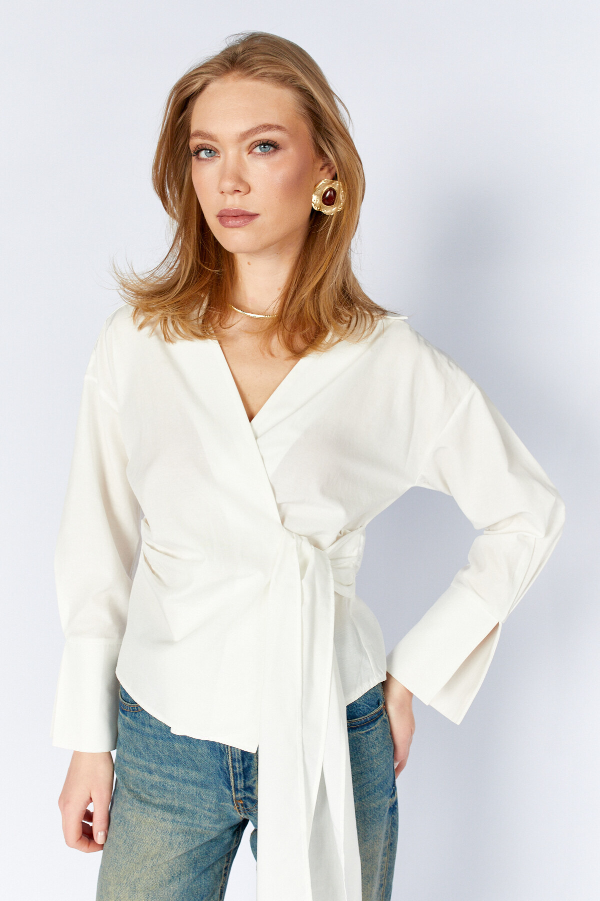 Kruvaze Bağlama Detaylı Gömlek | MKS1611153-1 - Beyaz