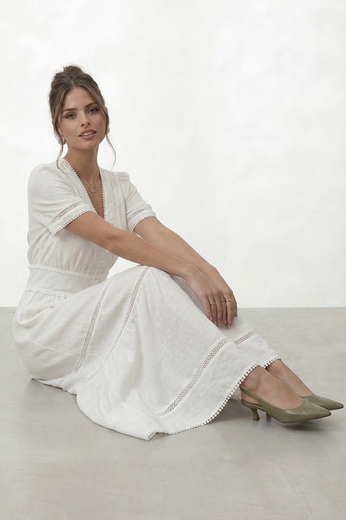 VAGGON  V Yaka Düğmeli Katlı Astarlı Midi Elbise - Görsel 4