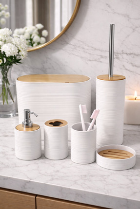 MAKRİ HOME 6 Parça Beyaz Banyo Seti, Bambu Detaylı, 8L Çöp Kovası 24x26x16 cm