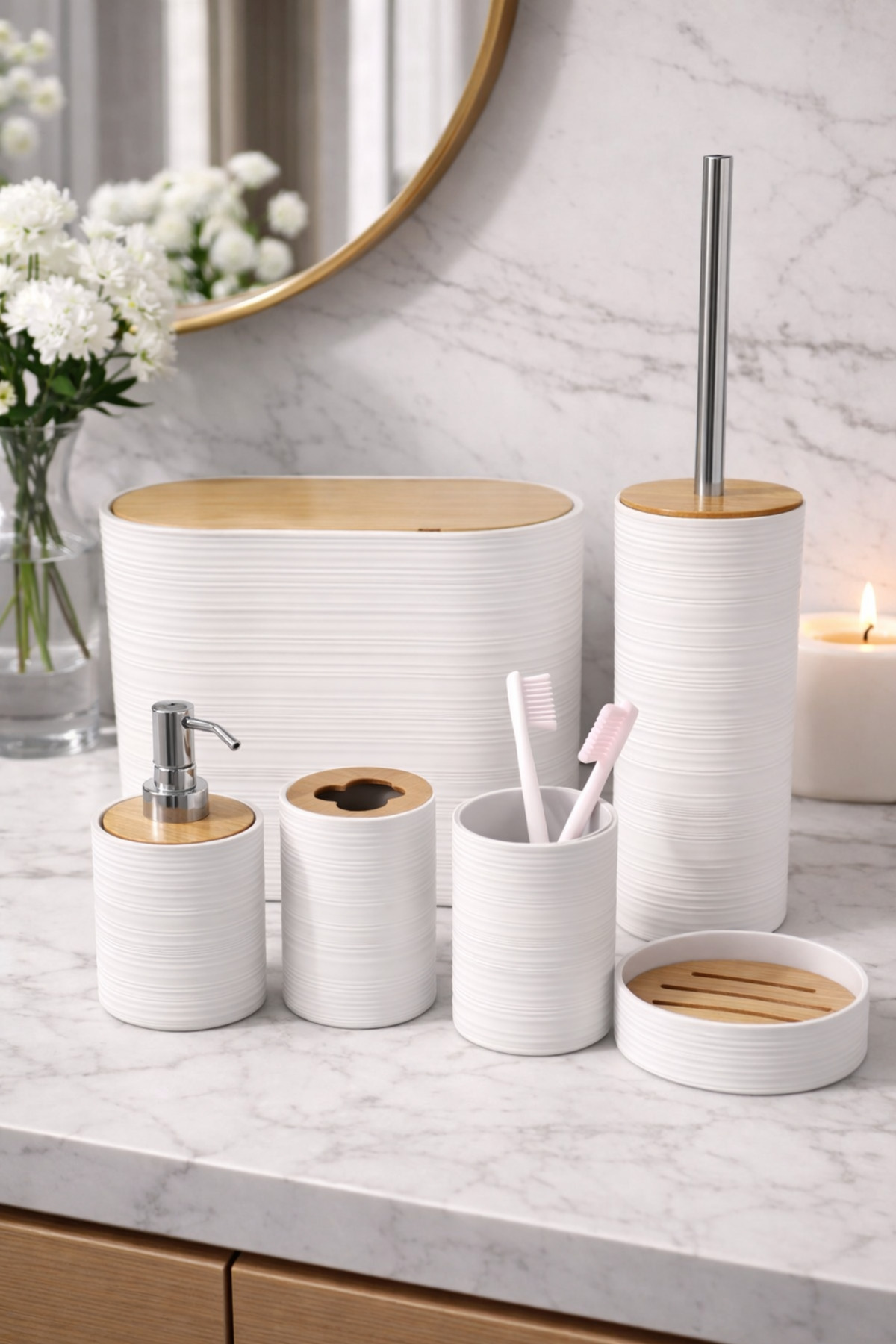6 Piece White Bathroom Set, Bamboo Detailed, 8L Trash Can 24x26x16 cm