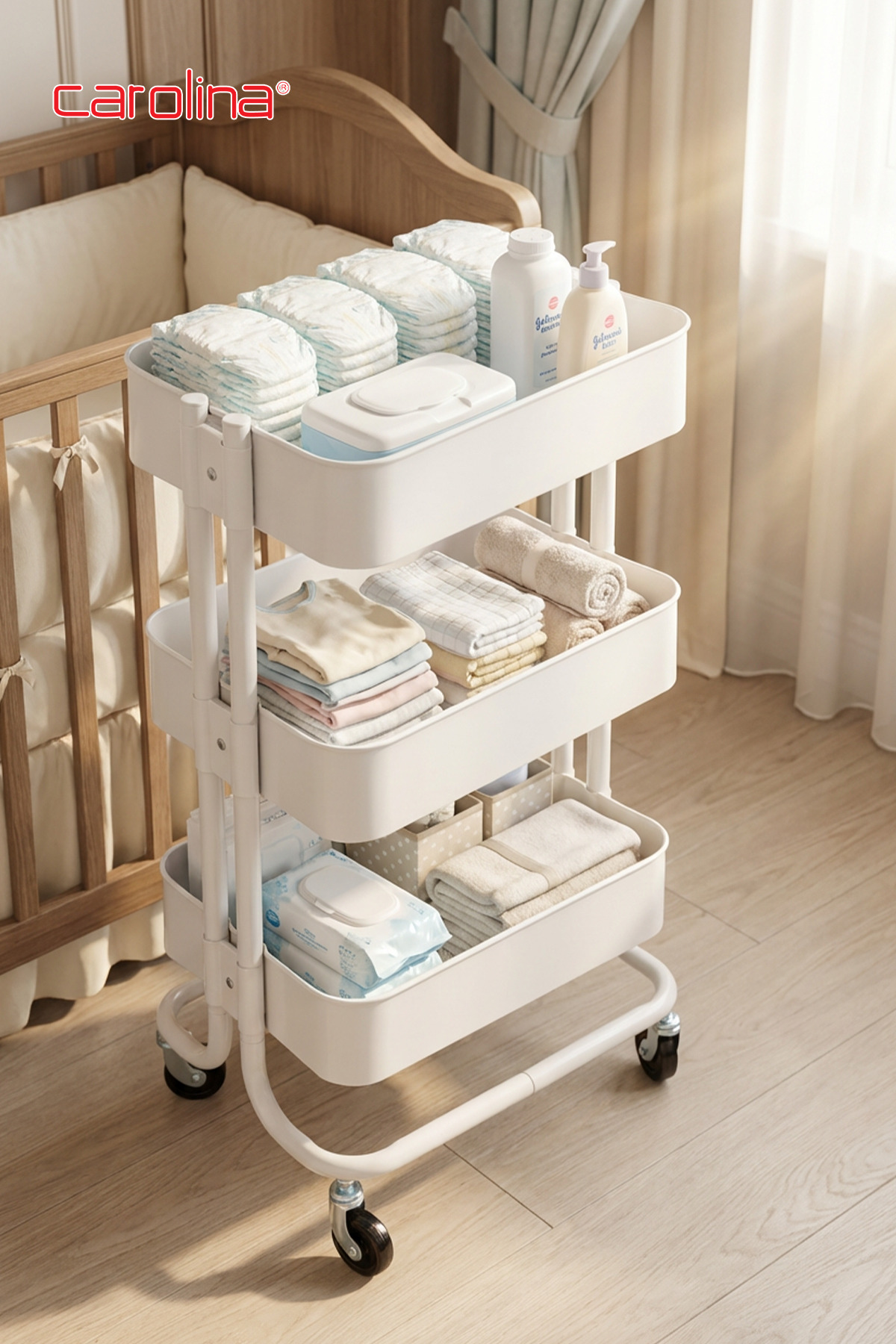Trolley 35x45x80cm 3 Tier Wheeled Metal Organizer Multi Purpose Kitchen, Bathroom and Office White