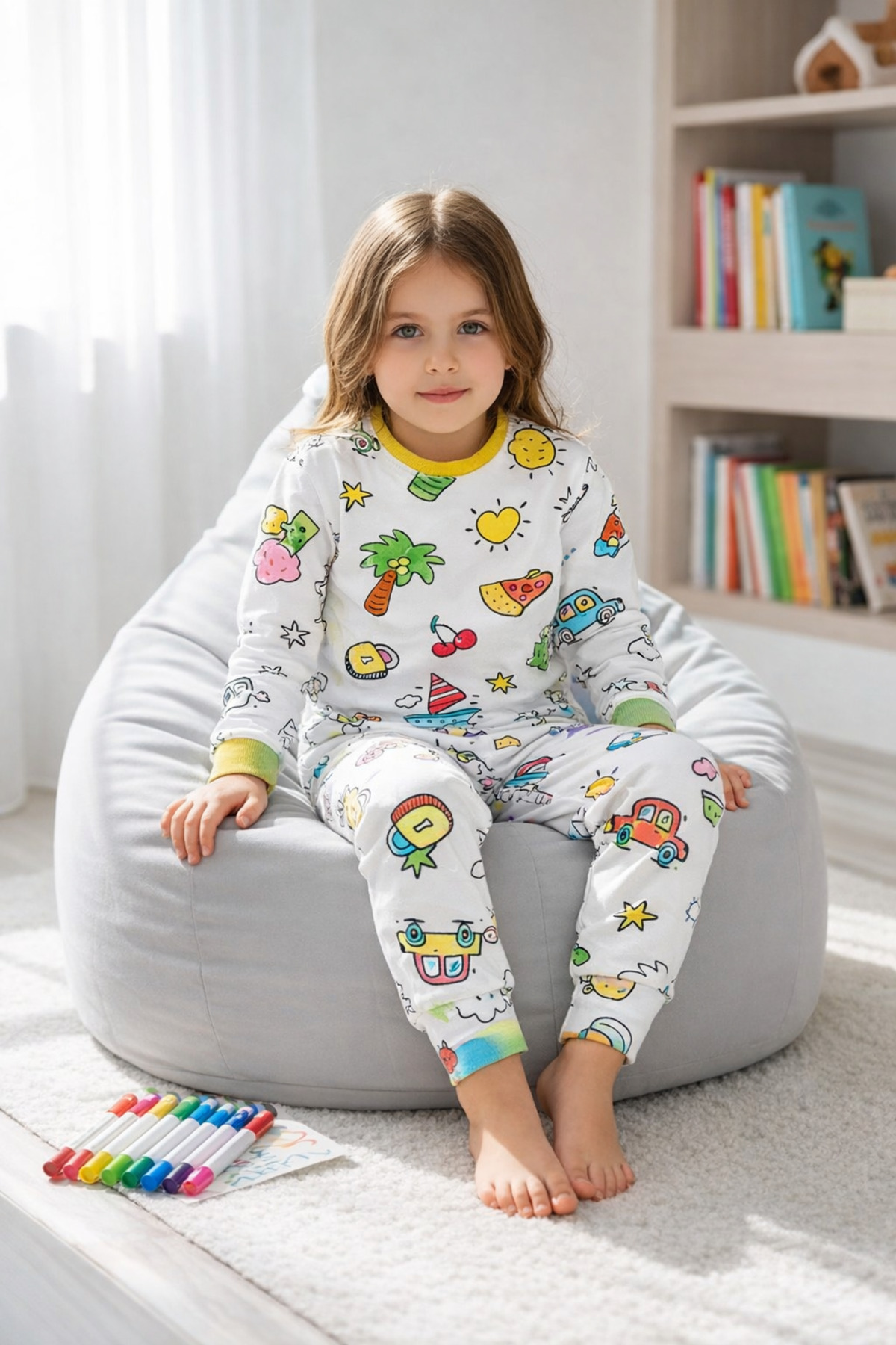 Fanwet Boyanabilir Unisex Çocuk Pijama Takımı Keçeli Kalem Hediyeli Yıka Tekrar Boya Eğitici Aktivite Seti fotoğrafı 4 (önizleme)