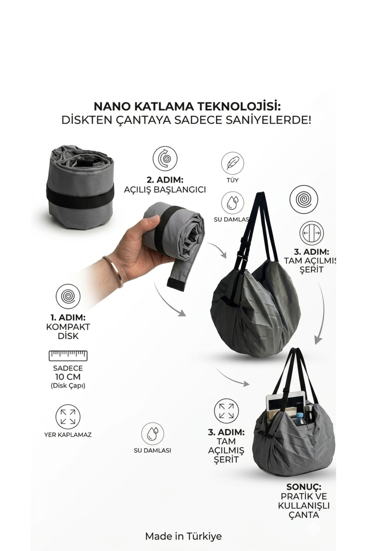 BROCARD Katlanabilir Akordeon Çanta - 2'si 1 Arada Büzgülü Sırt Ve Omuz Çantası Spor Seyahat Alışveriş Gri görsel 5