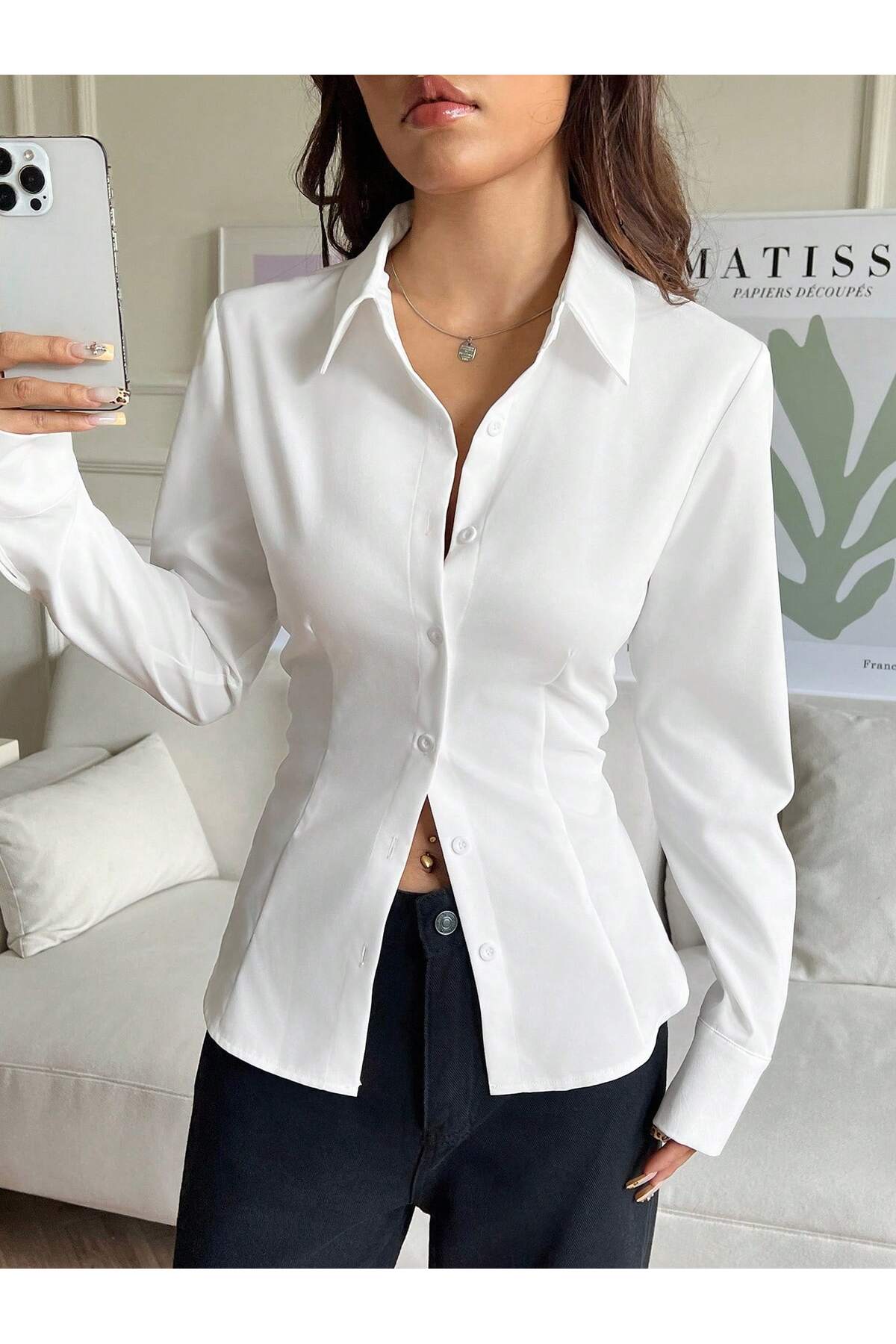 COOL TARZ  Kadın Şık Bel Oturtmalı ve Bağcık Detaylı Slim Fit Gömlek - Görsel 4