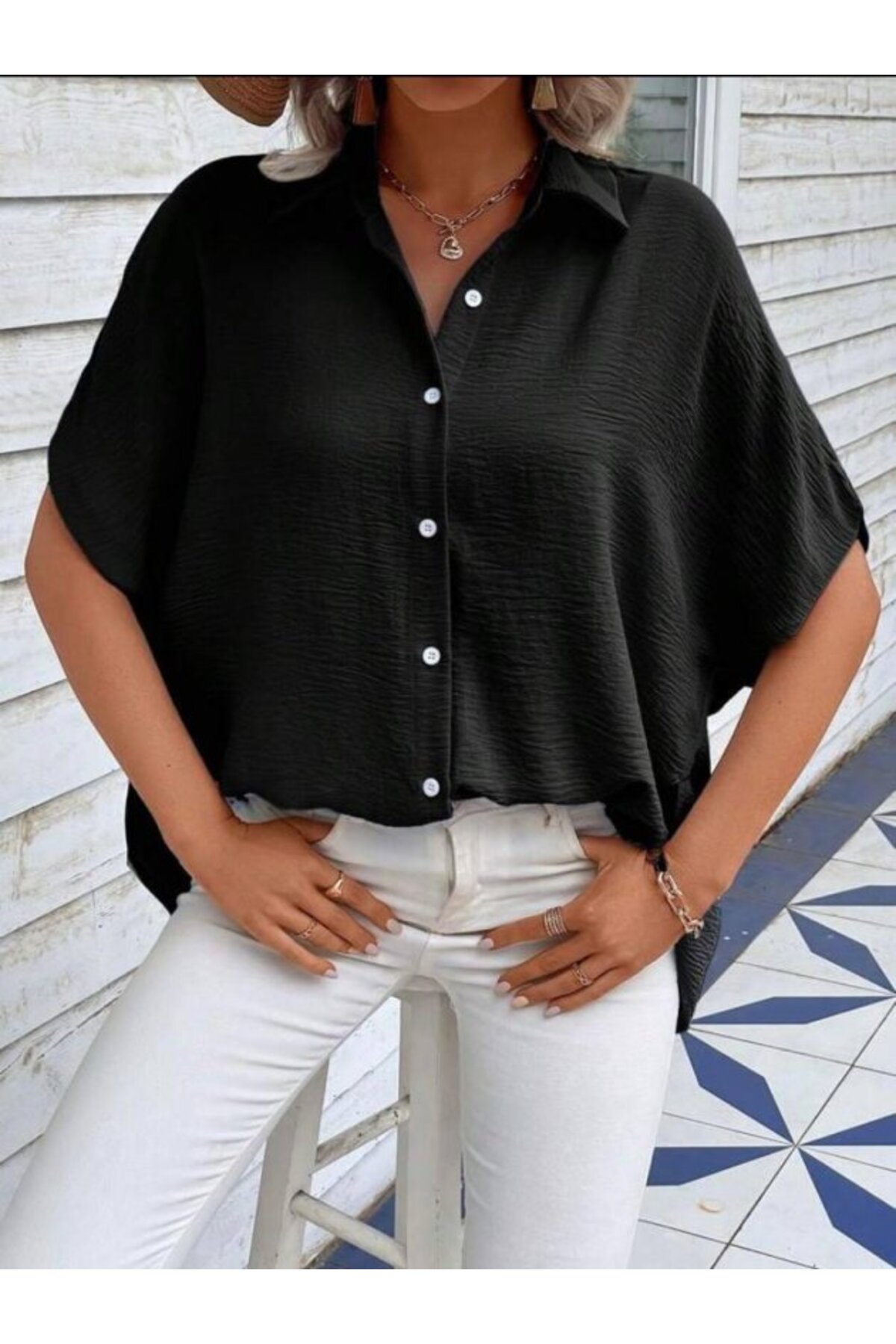 GETFAY Kadın Aerobin Kumaş Oversize Kısa Kollu Gömlek - Siyah / 2XL-3XL fotoğrafı 2 (önizleme)