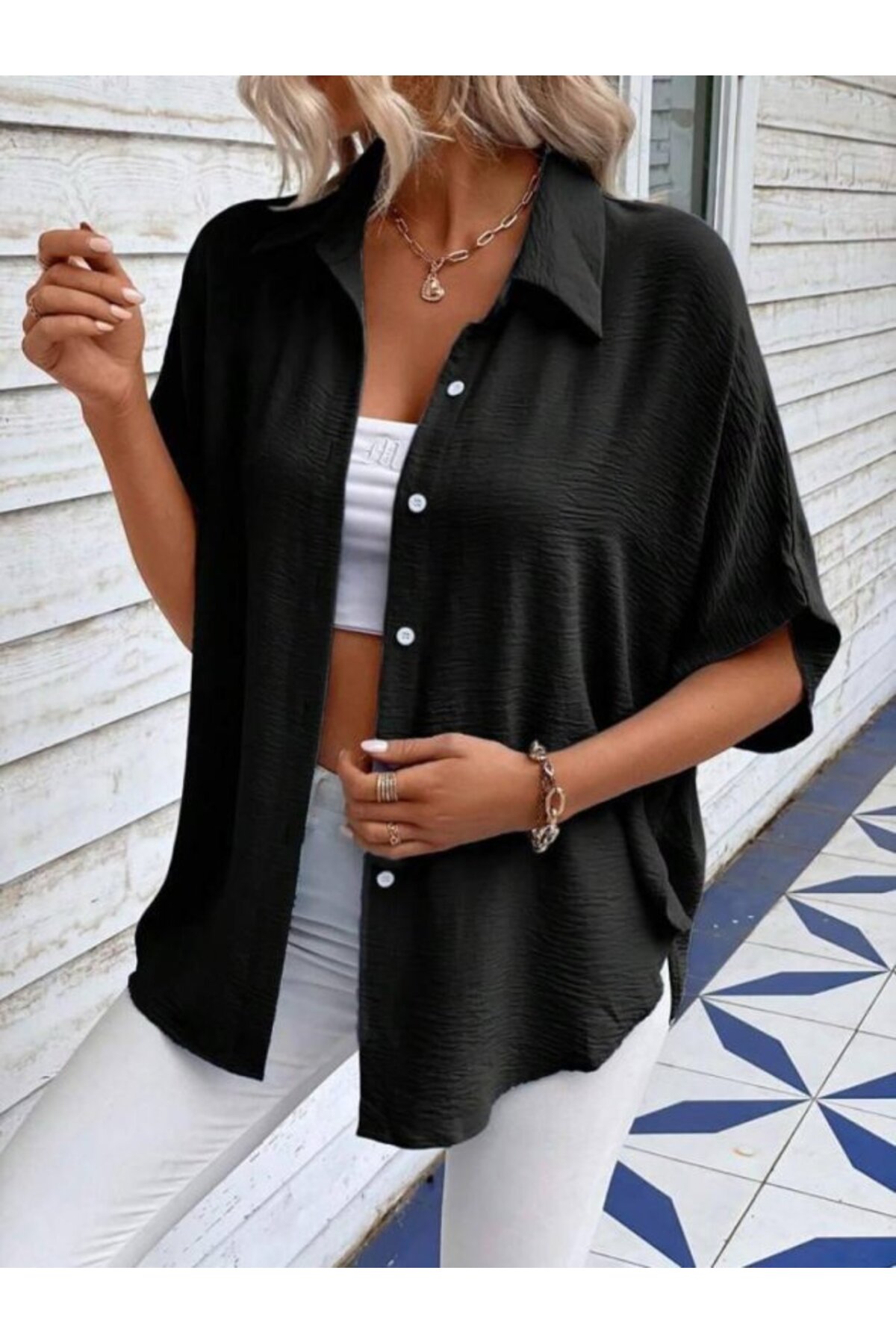 GETFAY Kadın Aerobin Kumaş Oversize Kısa Kollu Gömlek - Siyah / 2XL-3XL fotoğrafı 3 (önizleme)