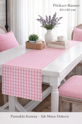 SEZİNİN TAKI DÜKKANI %100 pamuklu kumaş pembe pötikare desen runner