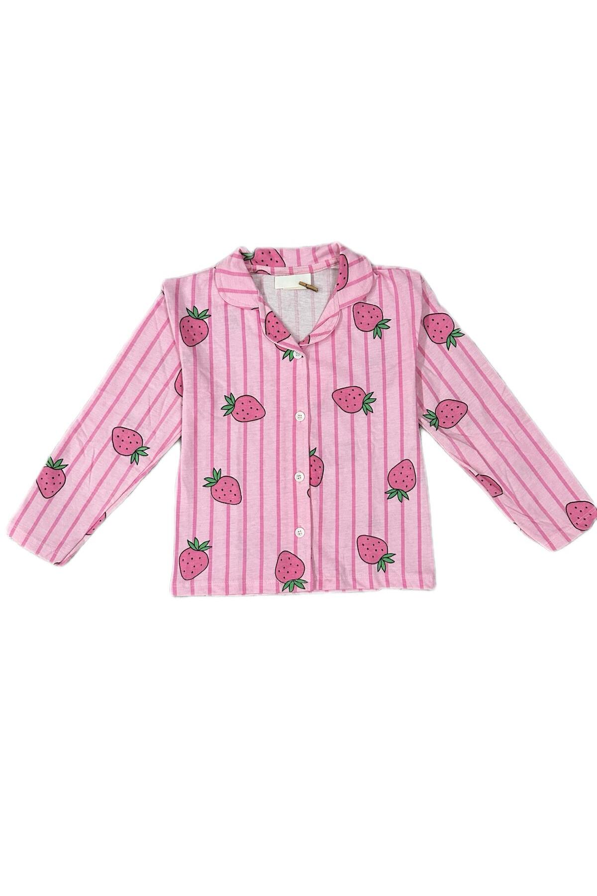 byalisdmr KIZ ÇOCUK PİJAMA TAKIMI PEMBE ÇİLEK DESEN %100 PAMUK SÜPREM KUMAŞ UZUN KOL GÖMLEK YAKA fotoğrafı 5 (önizleme)