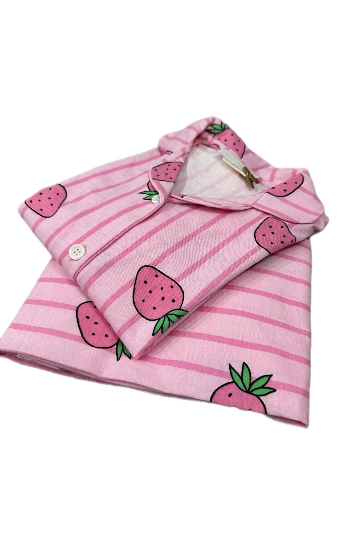 byalisdmr KIZ ÇOCUK PİJAMA TAKIMI PEMBE ÇİLEK DESEN %100 PAMUK SÜPREM KUMAŞ UZUN KOL GÖMLEK YAKA fotoğrafı 4 (önizleme)