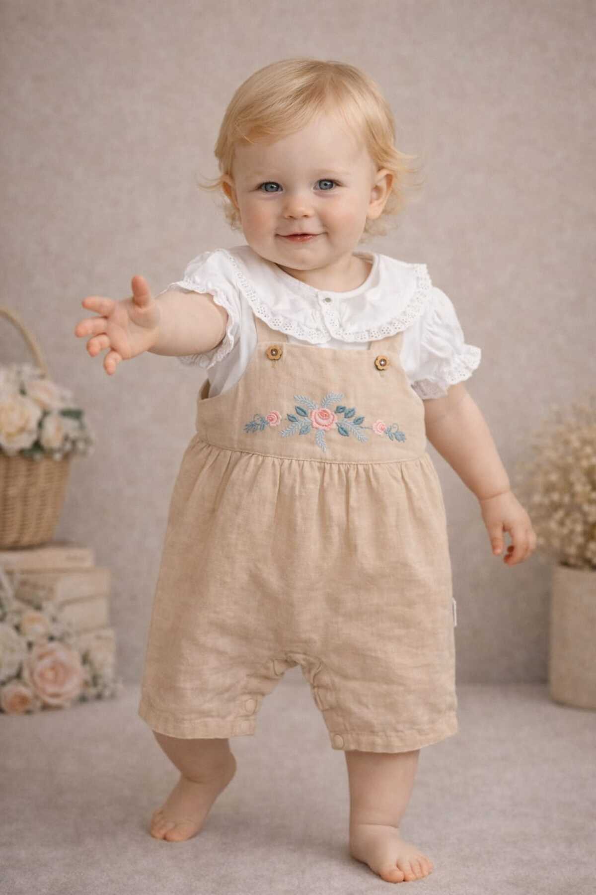 krm kerem bebe Lace Collar Shirt and Embroidered Linen Summer Strap Salopet Jumpsuit Eid Holiday Baby Girl Two-Piece Set