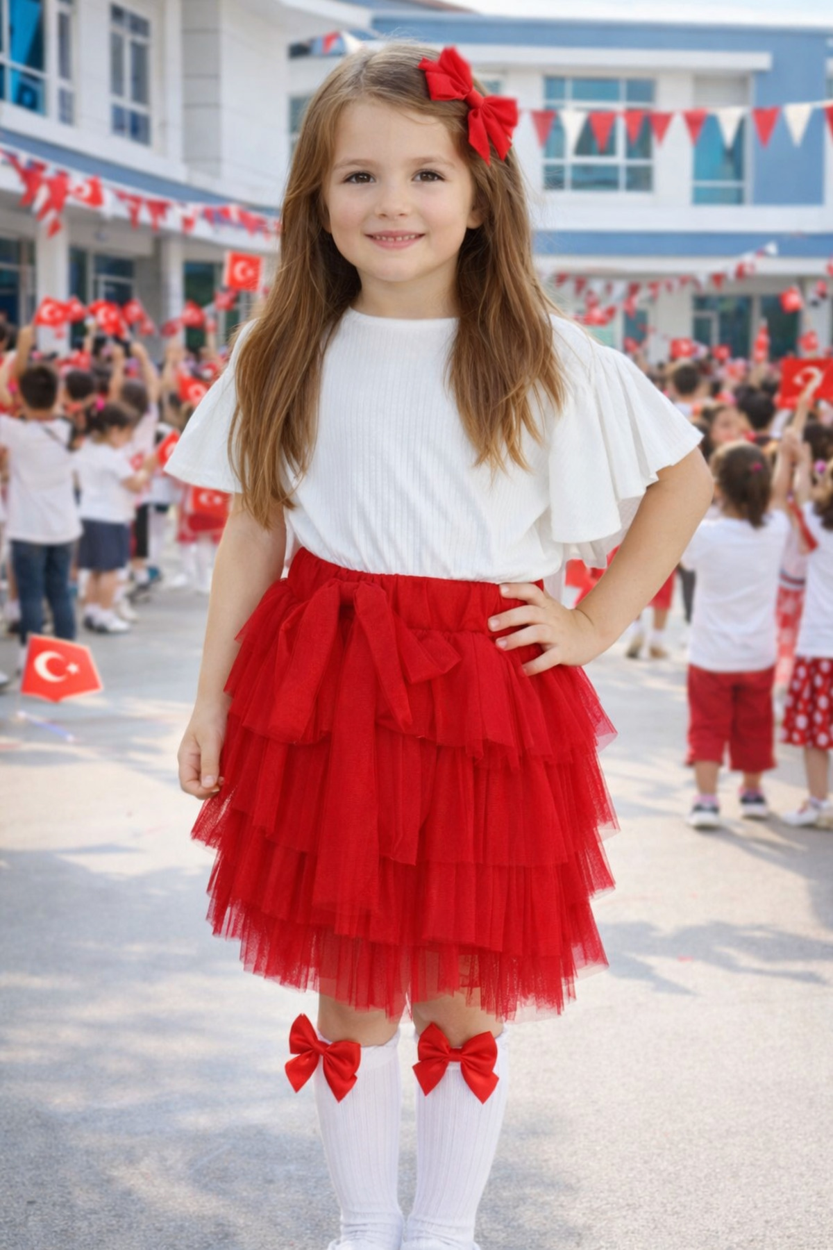 Calisa  Kız Çocuk Kırmızı Kat Kat Tütü Etek – 23 Nisan Gösteri Eteği, Özel Gün & Bayram Kombini, 2-7 Yaş - Görsel 5