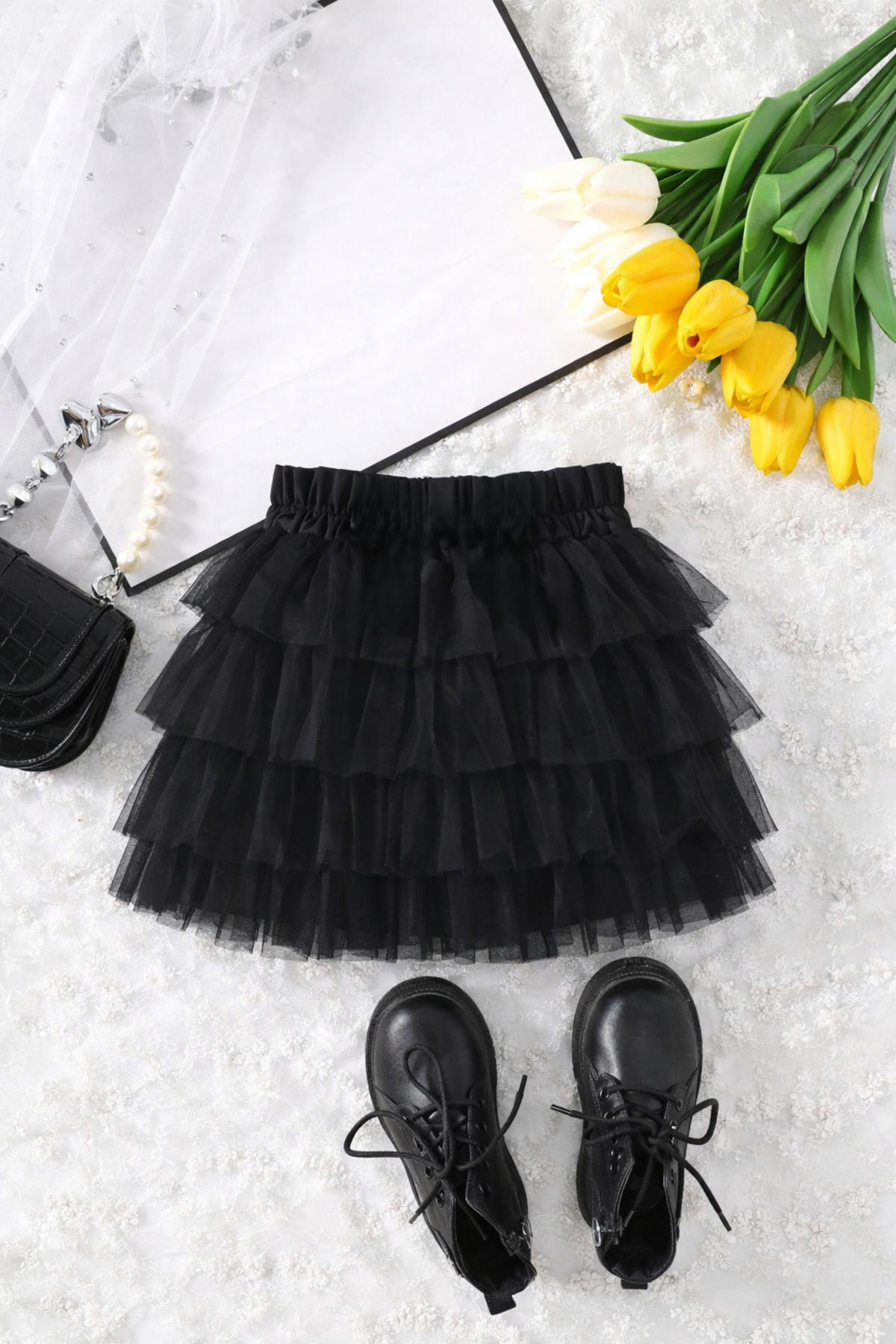 Girls' Black Floor Tutu Skirt – April 23 Show Skirt, Special Day & Holiday Combination, 4-10 Years Old
