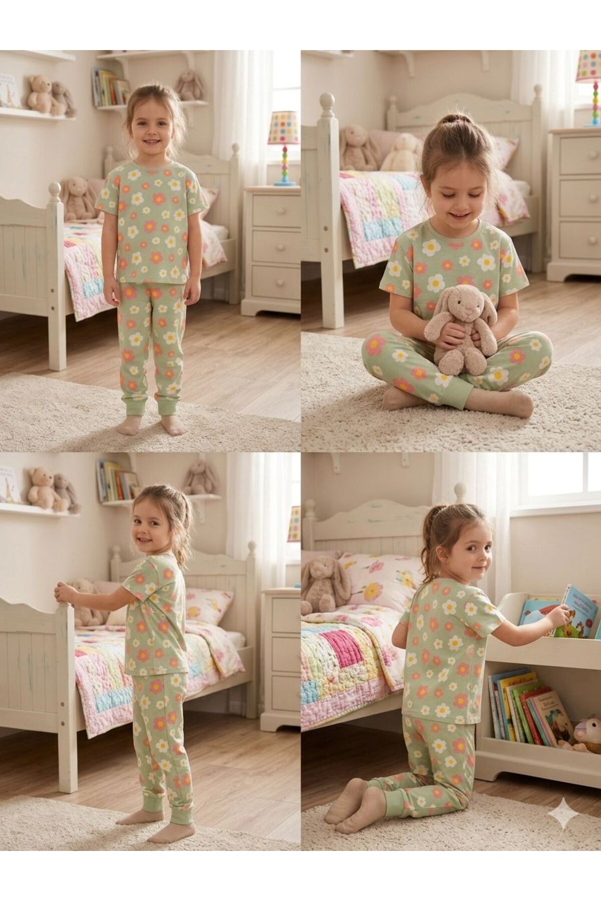 SERRASTIL Kız Çocuk Papatya Desenli %100 Pamuk Süprem Kumaş Kısa Kollu Pijama Takımı fotoğrafı 2 (önizleme)