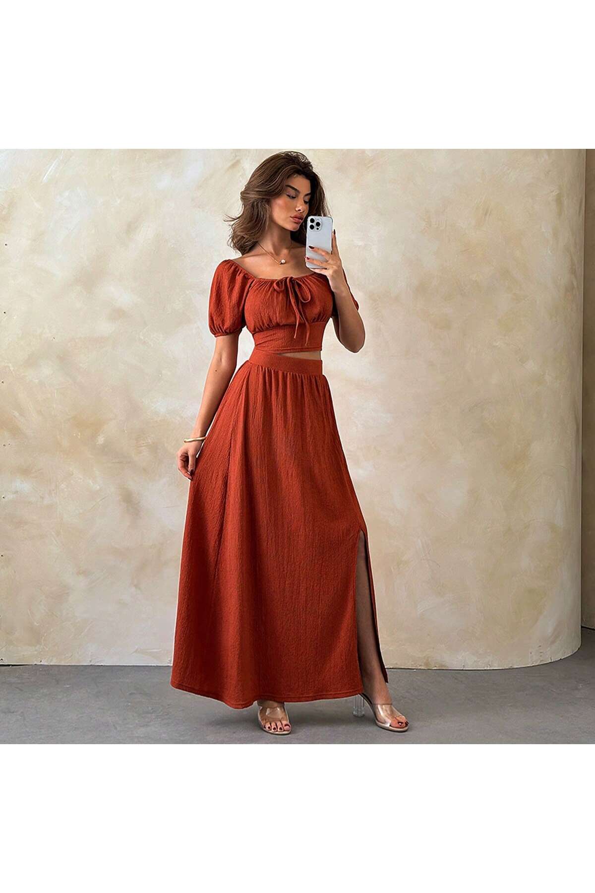 VHTMODA  Kadın TURUNCU Renkli DÜZ Desenli Kare Yaka Yırtmaçlı Premium Midi Elbise - Görsel 2