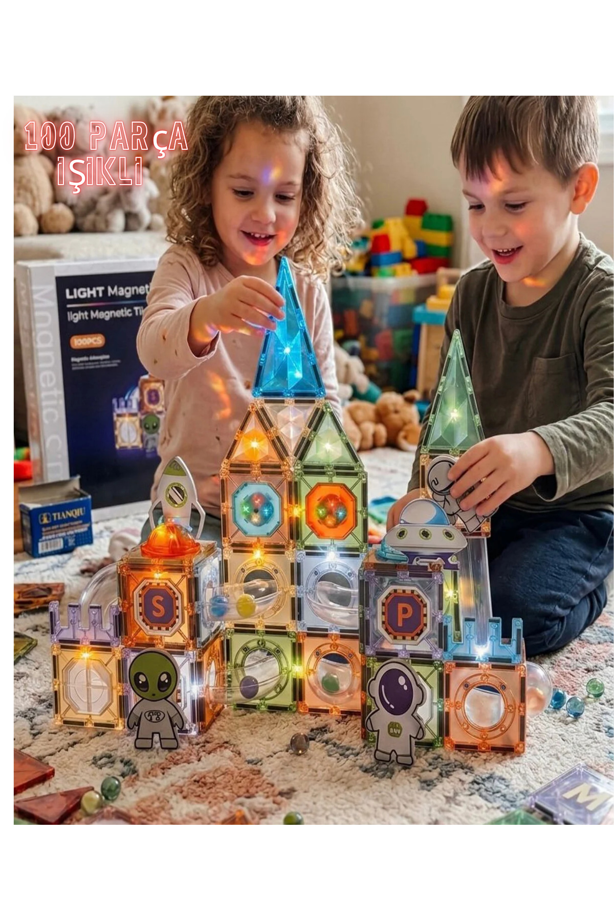 LRS STORE Manyetik Yapı Blokları–Çocuklar İçin Renkli 3 Boyutlu 100 Parça Mıknatıslı Karo Oyun Seti Uzay Tema fotoğrafı 6 (önizleme)