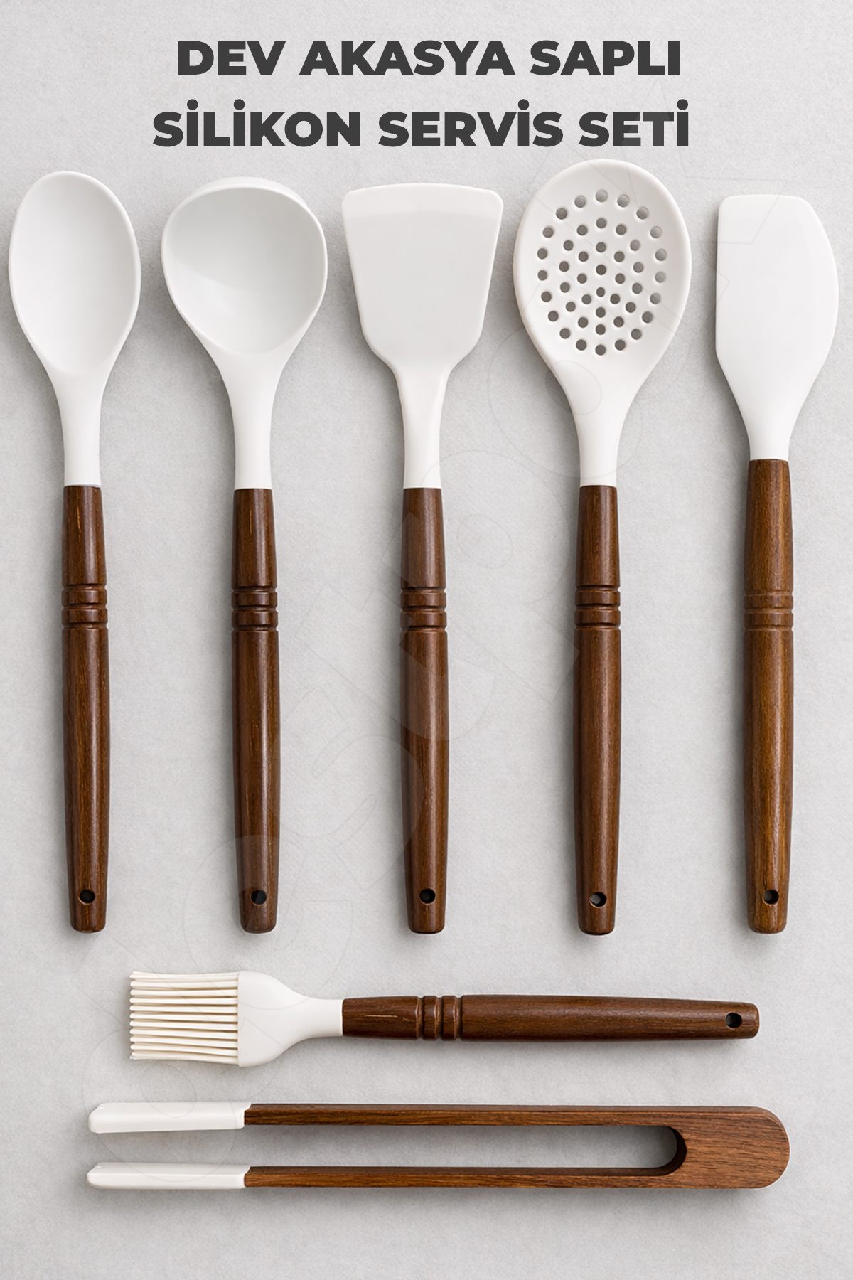 7-Piece Silicone Service Set - Acacia Handle Colander Scoop Spoon Tongs Spatula Egg Brush Stripping