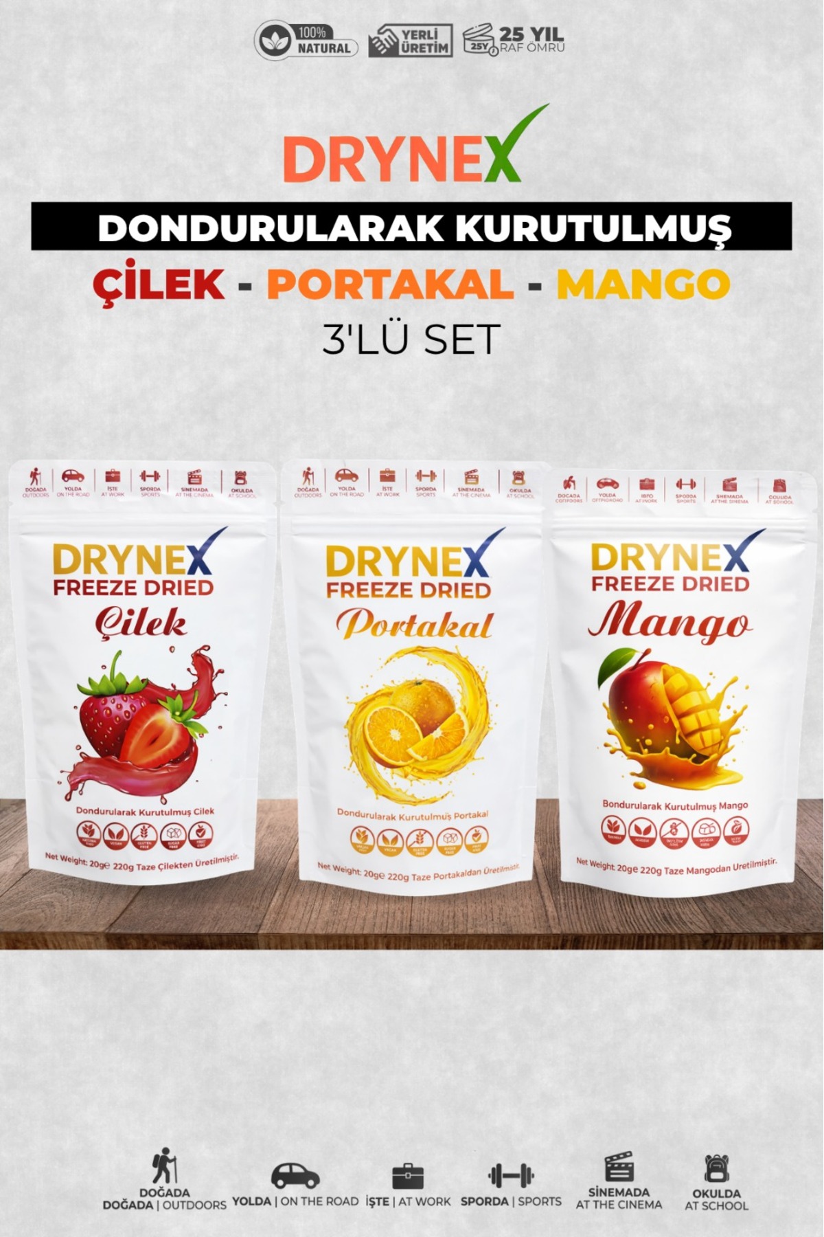 DRYNEX Freeze Dried 3'lü Meyve Seti (Çilek, Portakal, Mango