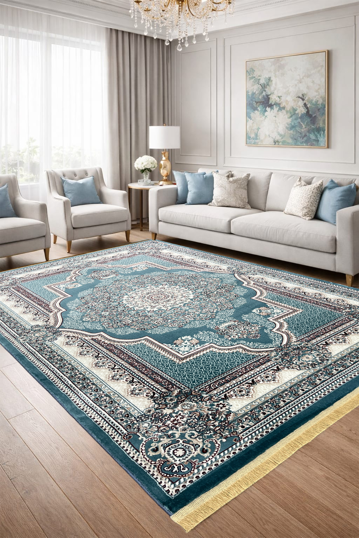 4 Square Meters - 6 Square Meters Modern Living Room Rug Soft Texture Antiallergic Silk Blue