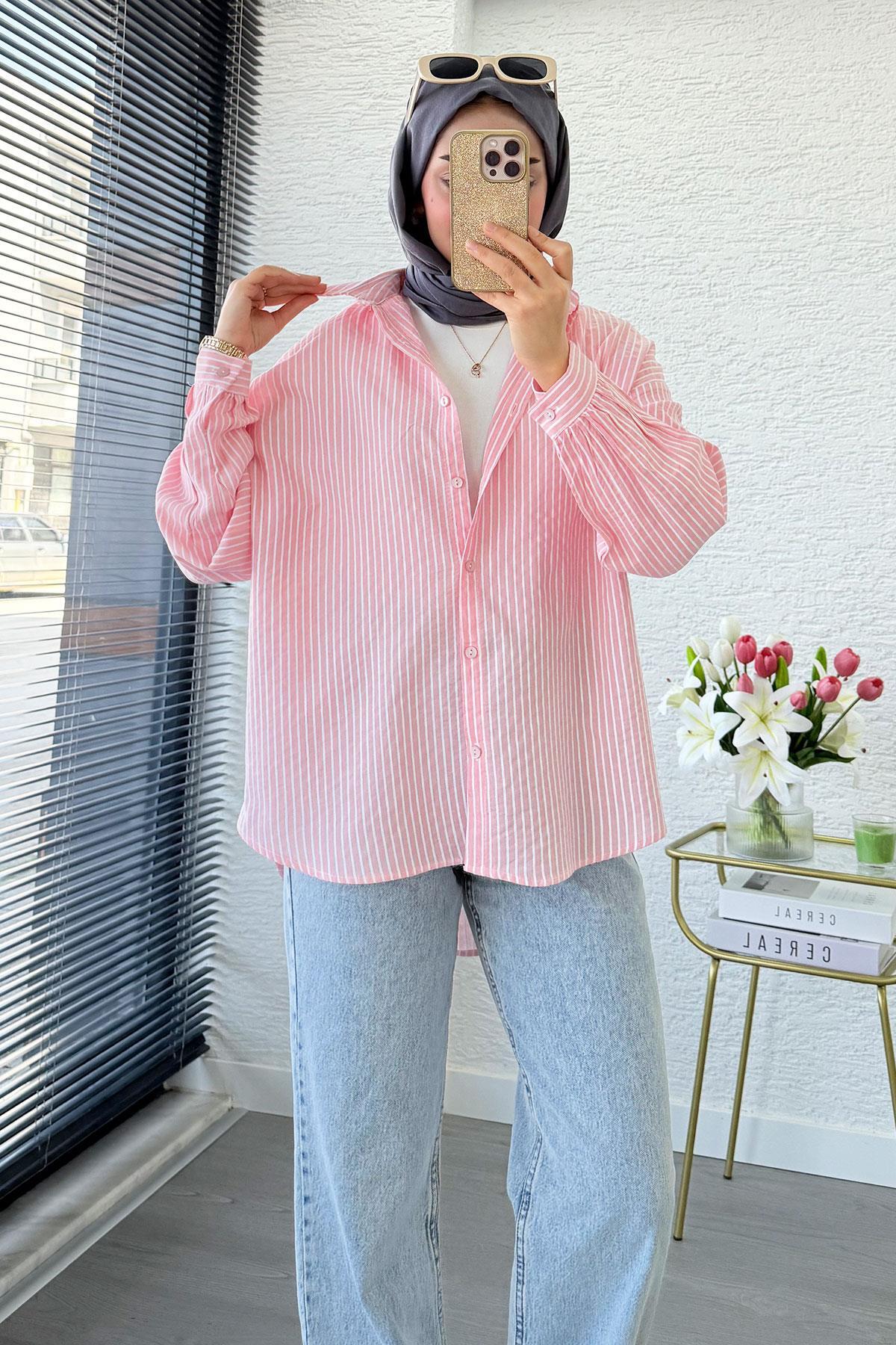 MELEK ARAZ  Çizgi Desen Oversize Kadın Gömlek – Pembe - Görsel 3