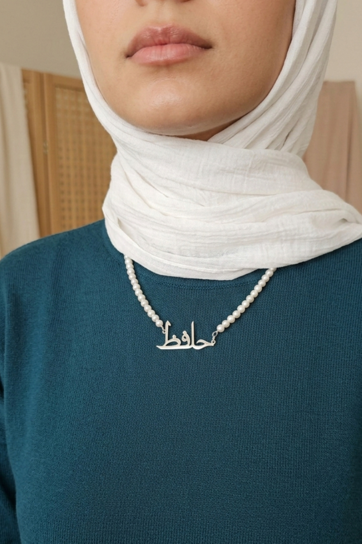 925 Ayar Gümüş Hafız Yazılı İnci Doğal Taş Kolye