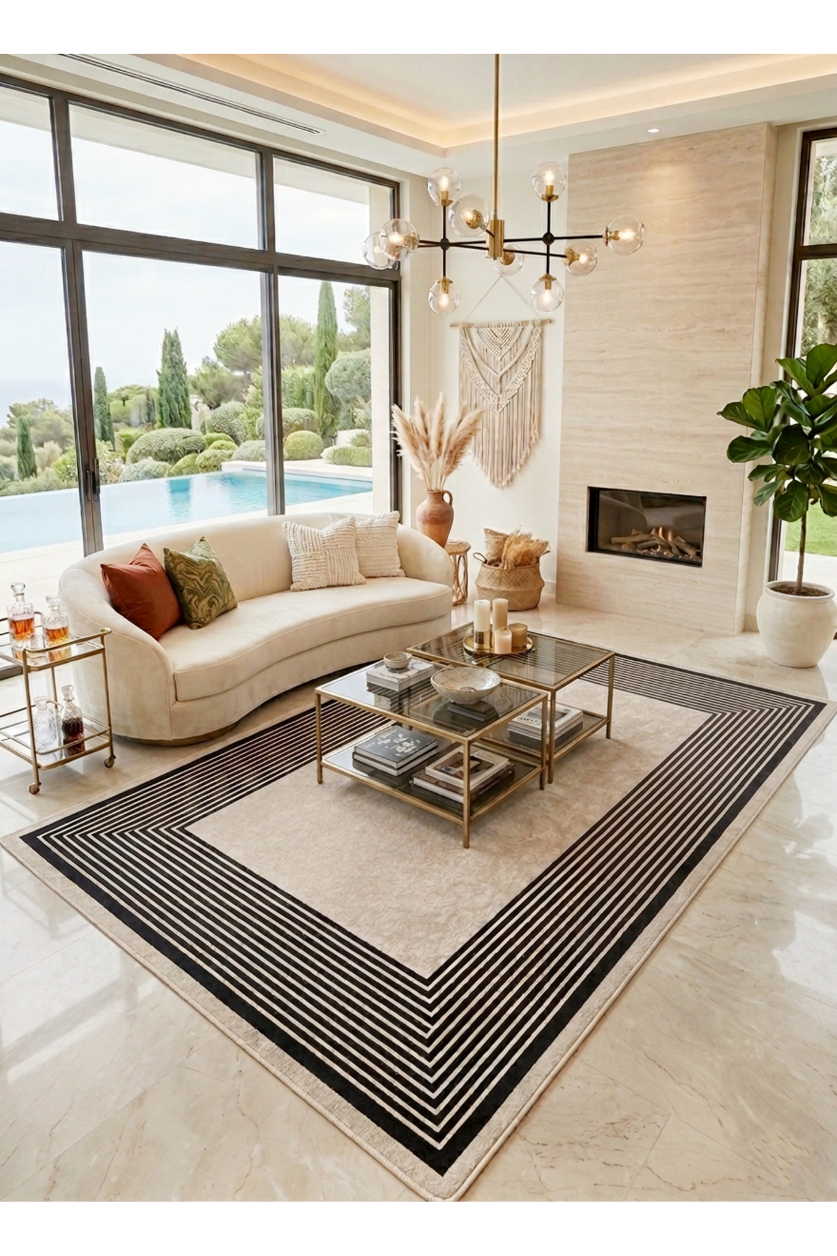 Modern Striped Beige-Black Color Latex Base Living Room and Runner Entry Carpet