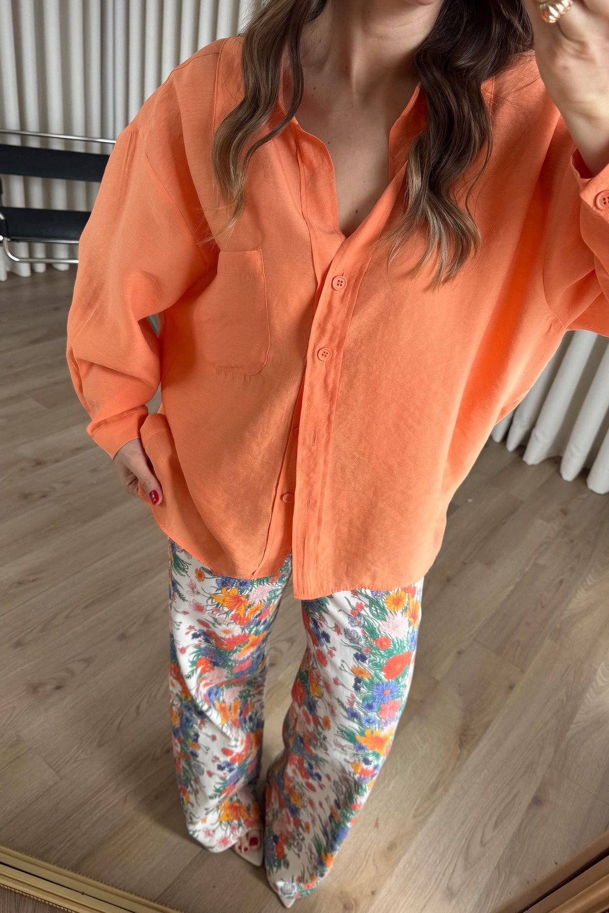 Sue Store  Turuncu Oversize Modal Kumaş Gömlek - Görsel 6