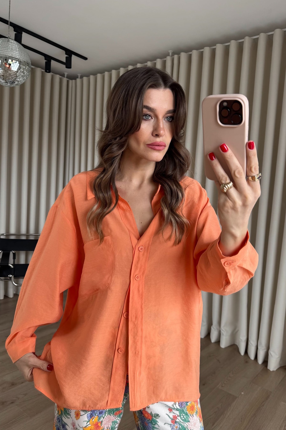 Sue Store  Turuncu Oversize Modal Kumaş Gömlek - Görsel 3