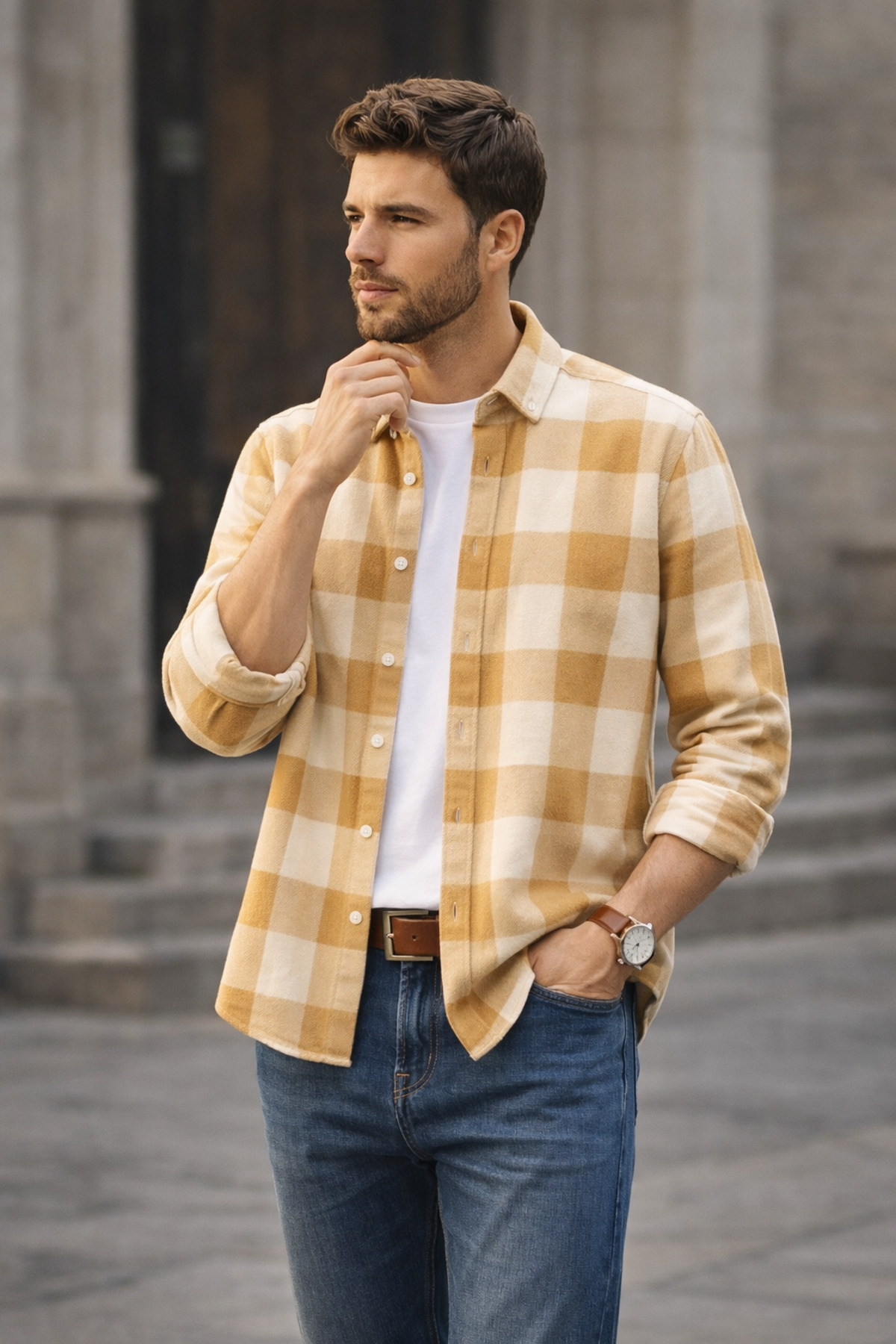 Erkek Beyaz Bej Kareli Ekose Oduncu Gömlek – Rahat Kalıp Yeni Sezon Kışlık Moda Trend — سفید MGKODUNCU — تصویر 5 از 7