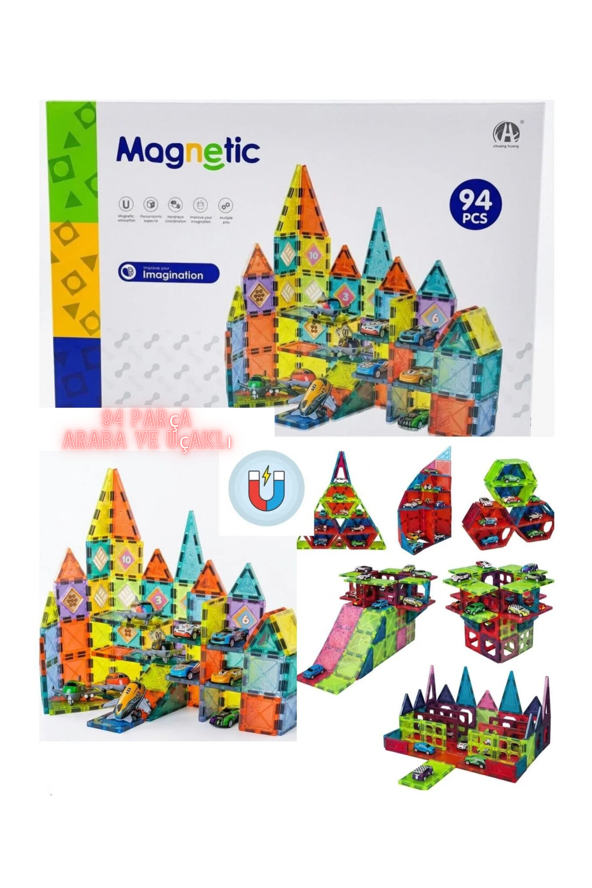 LRS STORE Manyetik Yapı Blokları–Çocuklar İçin Renkli 3 Boyutlu 94 Parça Mıknatıslı Karo Seti Arabalı fotoğrafı 6 (önizleme)