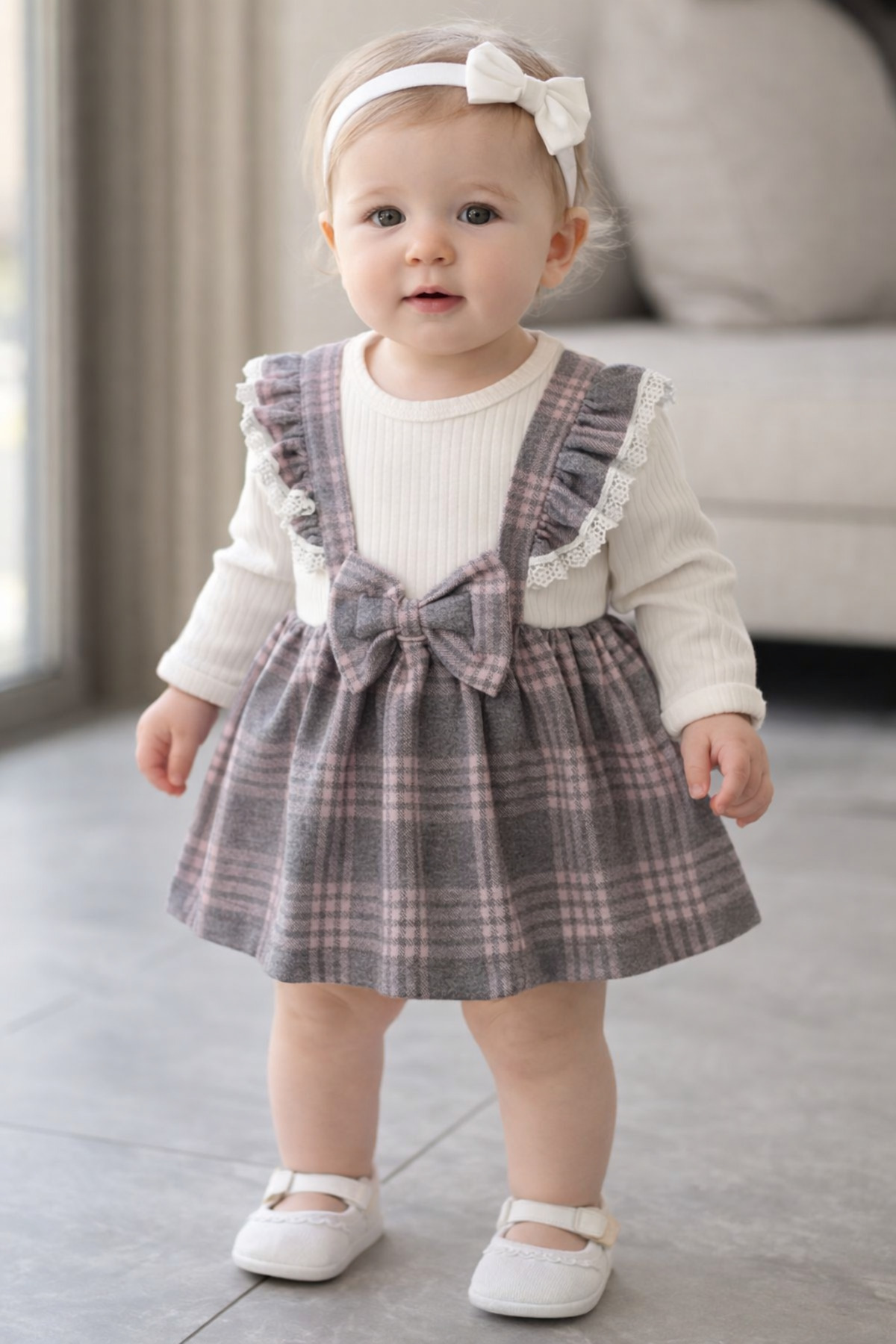 Chicsy Baby Tatlı Kız Bebek Ekose Jile Tarz Elbise Fiyonk Detaylı Fitilli B