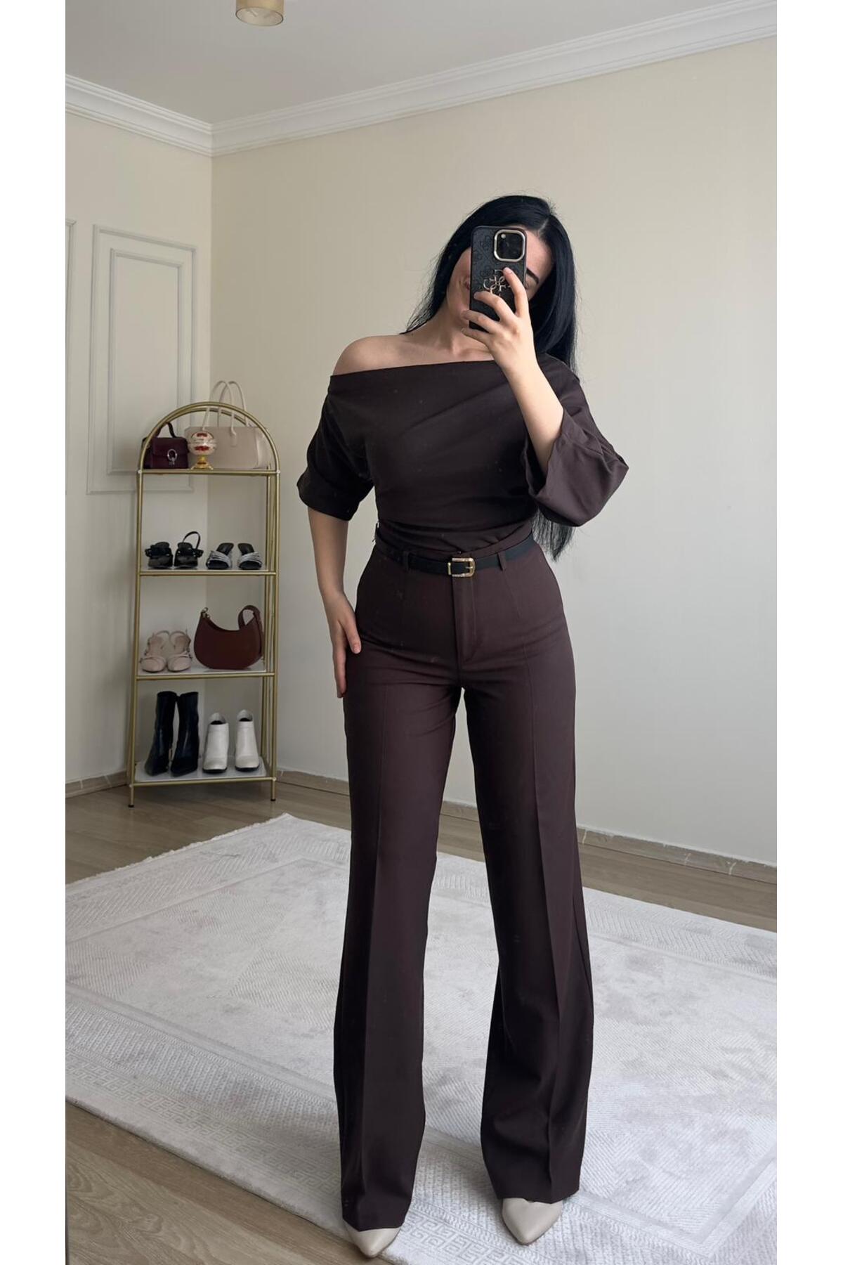 YELZEY BUTİK  Yüksek Bel Kemerli Palazzo Pantolon - Görsel 3