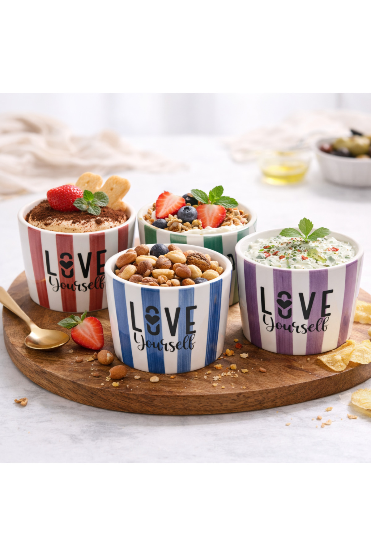 Love Yourself 4-Piece Ceramic Bowl 8 cm – Dessert, Granola and Ice Cream Serving Bowl