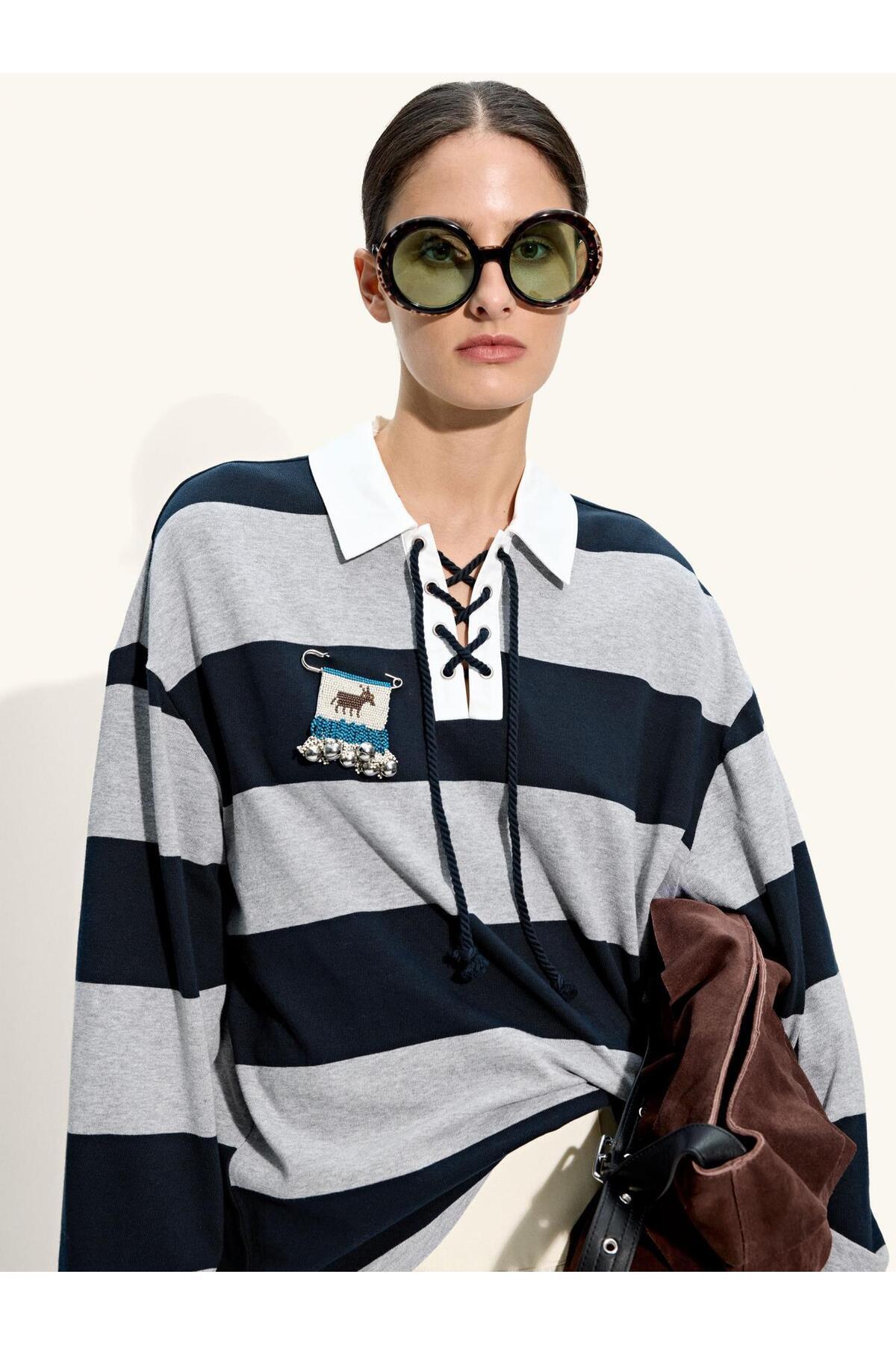Parfois  Kadın Çizgili Sweatshirt %100 Pamuk - Görsel 2