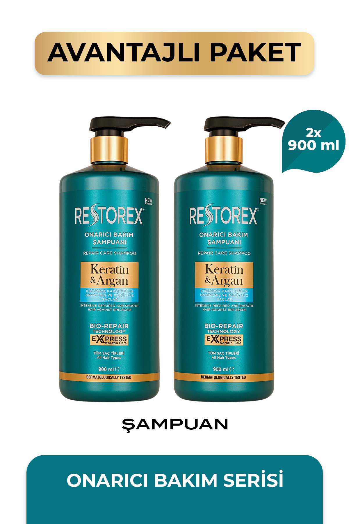 Restorex 0 Keratin & Argan Onarıcı Şampuan 2 x 900 ml – Kırılma Karşıtı Güçlendirme — B10392