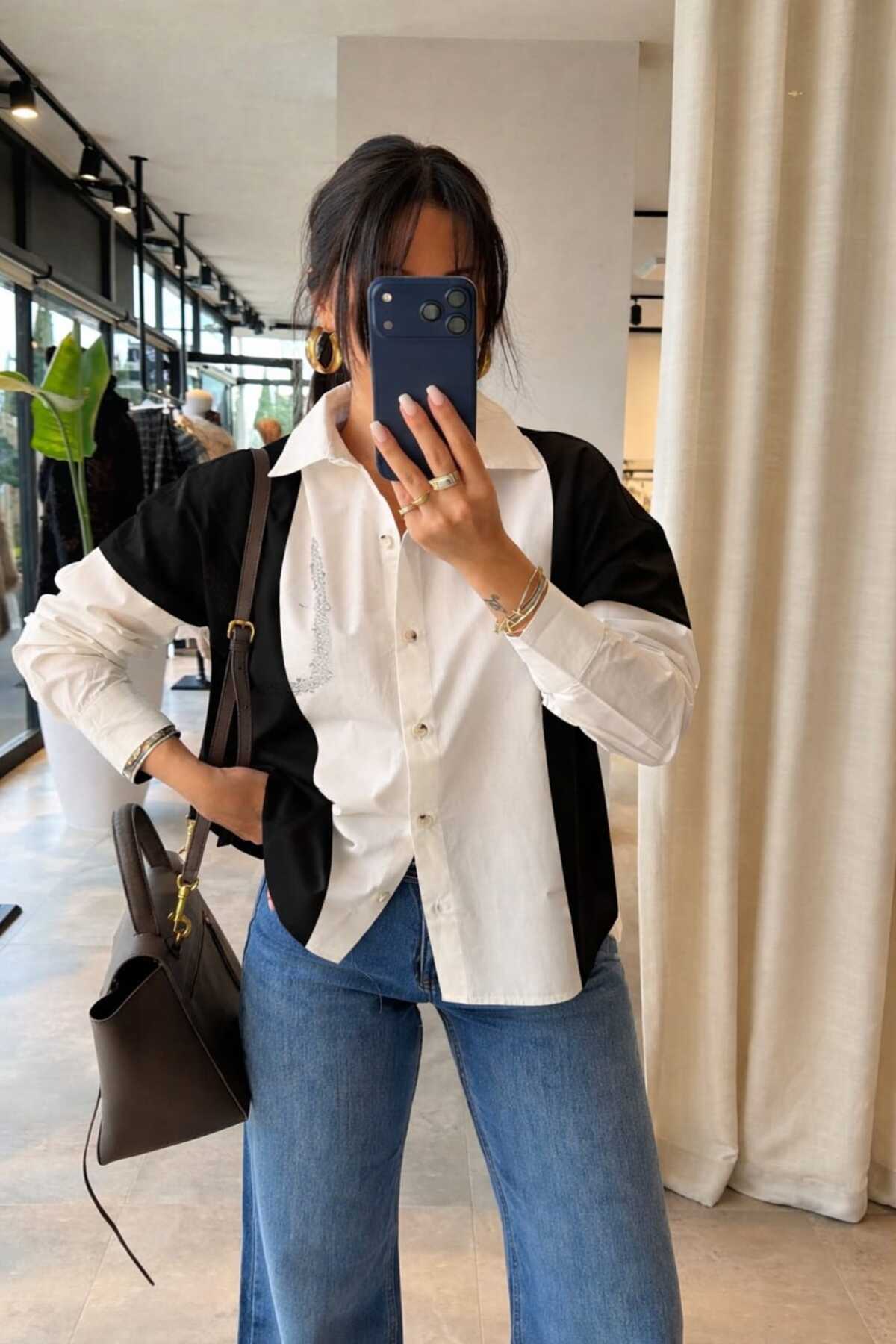 YEK&BİR Women's Garnished Stone-Detail Oversized Shirt Black and White