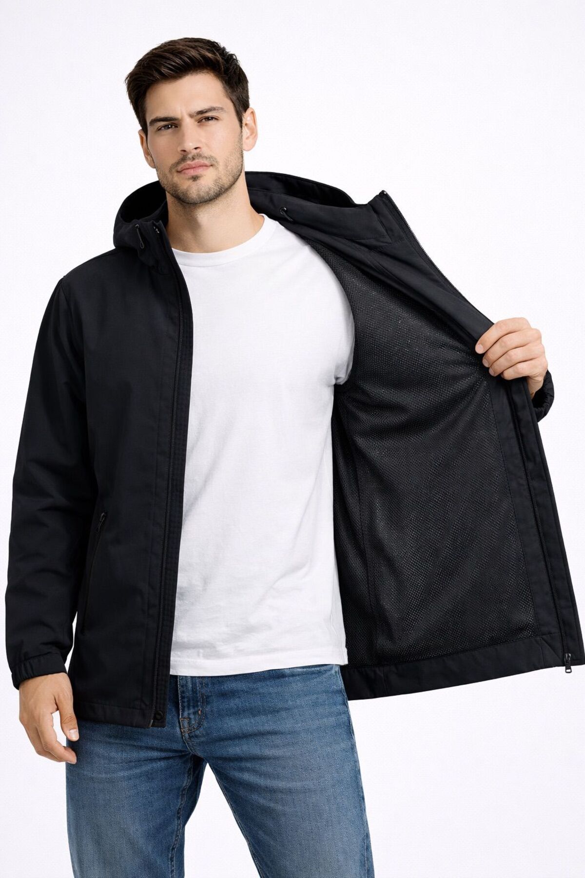 BAROS  Erkek İçi Astarlı Cırt Ve fermuar kapama Suya Dayanıklı Kapüşonlu çift cep Yağmurluk % Rüzgarlık