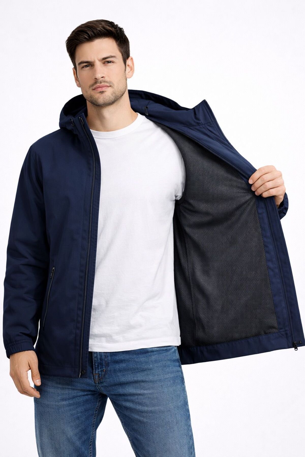 BAROS  Erkek İçi Astarlı Cırt Ve fermuar kapama Suya Dayanıklı Kapüşonlu çift cep Yağmurluk % Rüzgarlık