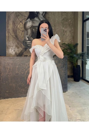 missswans Chanel Tek Kol Önü Kısa Kuyruklu Kemerli Şifon Elbise Beyaz