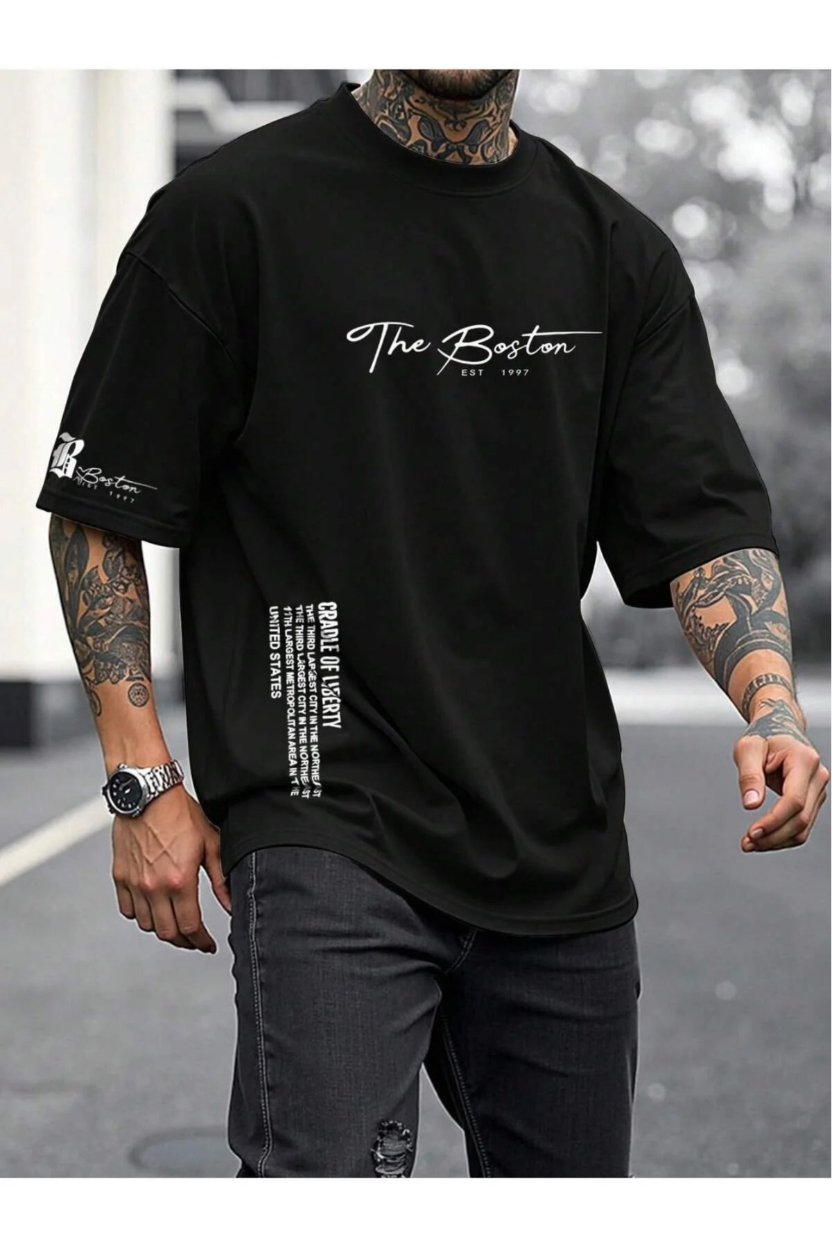 ZAVIXO -ERKEK 3 İplik Oversize t-shirt, Günlük Şıklık & Konfor THE BOSTON
