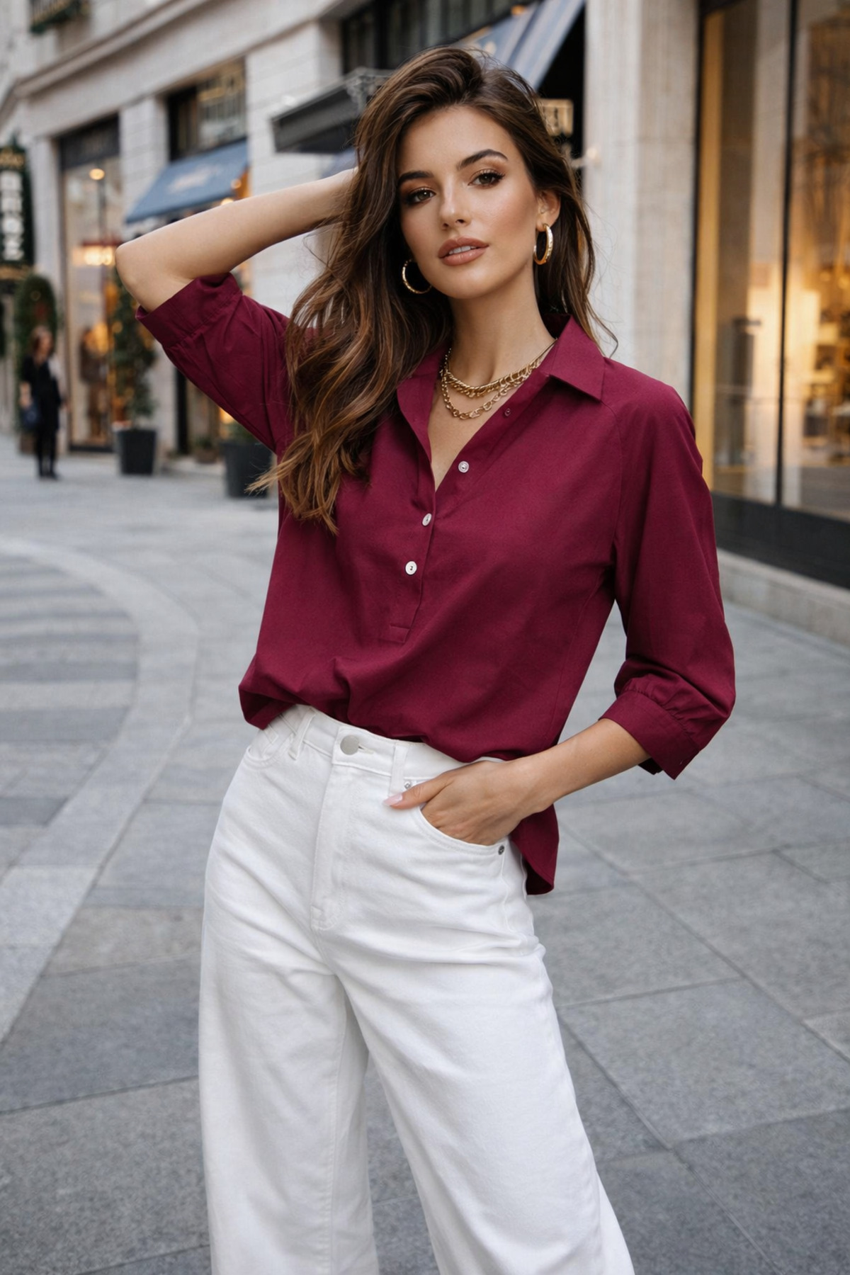 Rich  Kadın Kruvaze yaka Yarım Pat Düğmeli Bluz - Görsel 2