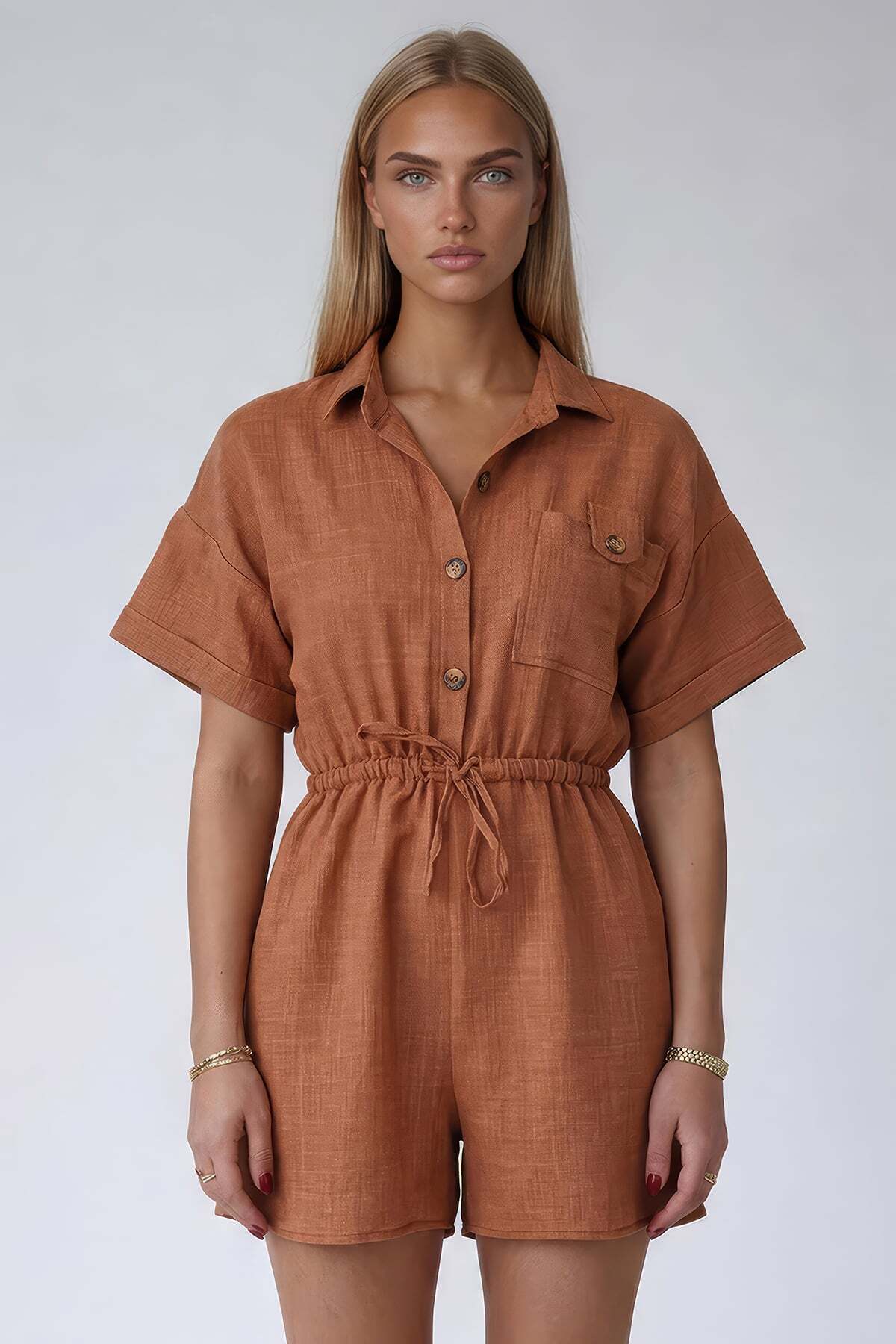Cinnamon Shirt Collar Double Pockets Sofia Linen Shorts Jumpsuit ALC-X11611